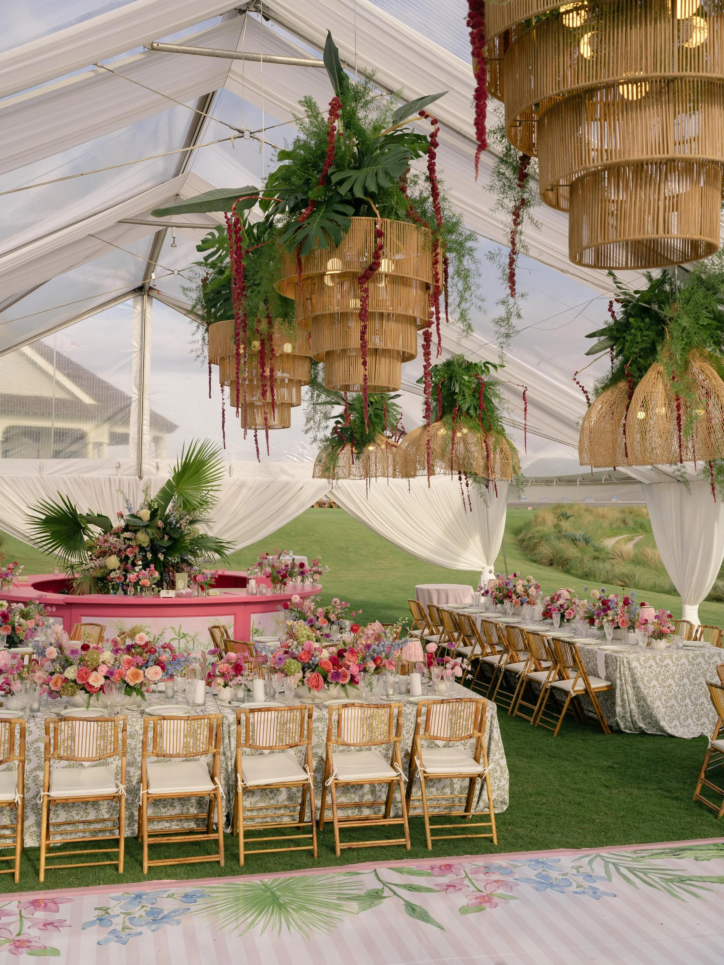 Daydreaming of this coastal maximalist reception design that transformed a clear-top tent into an immersive, chic escape with a distinctly late-night European beach club energy ☀️
.
.
.
Photo: @taylorenglishphoto 
Floral: @festooncharleston 
Rentals: