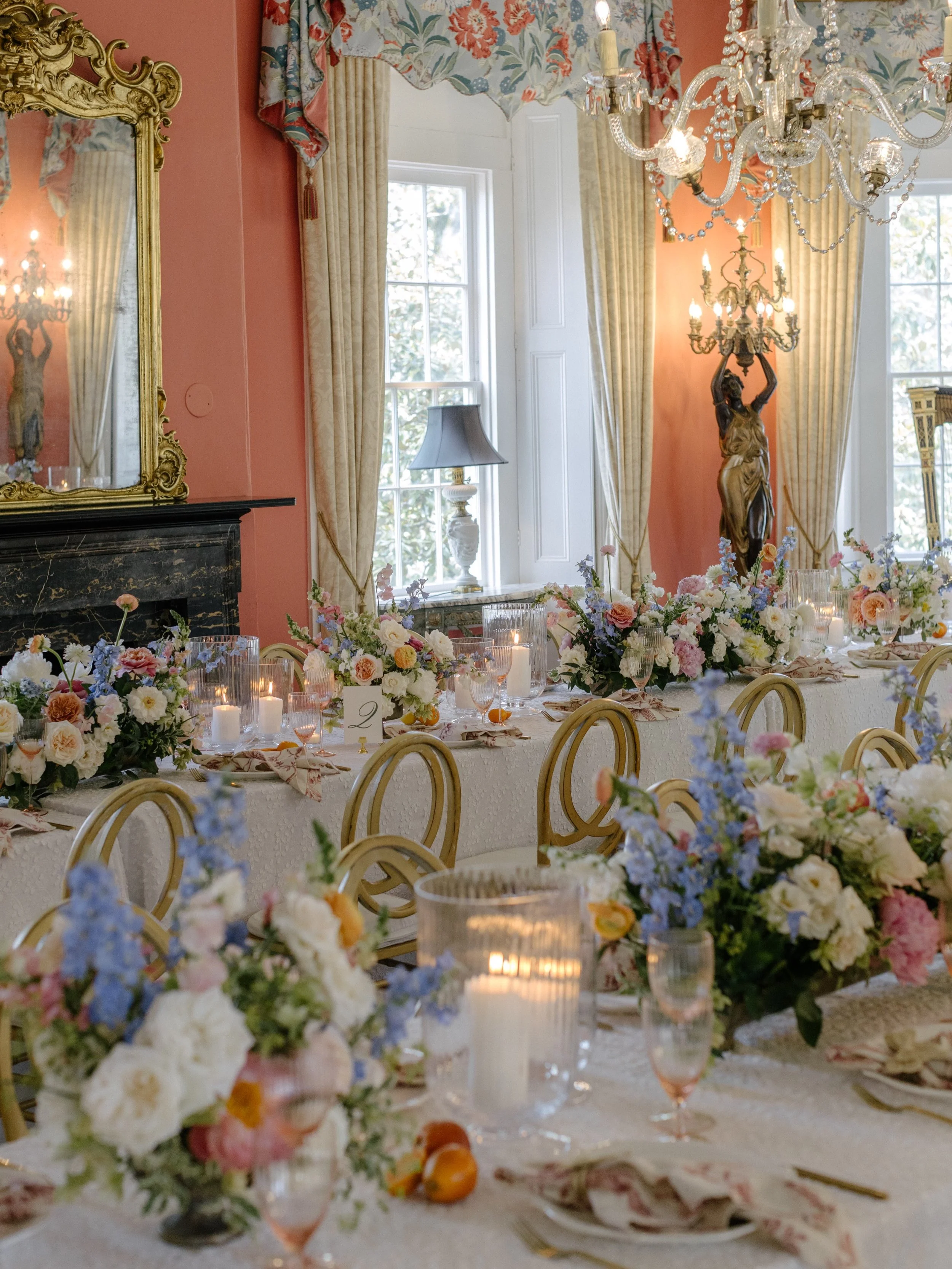 Three spaces, one venue - each layered in bold color and florals. The perfect setting for a summer soir&eacute;e. 
.
.
.
Photo: @marcusjollyweddings 
Video: @nebofilms_ 
Floral: @festooncharleston 
Cake: @flowerchildchs 
Rentals: @nuagedesignsinc  @c