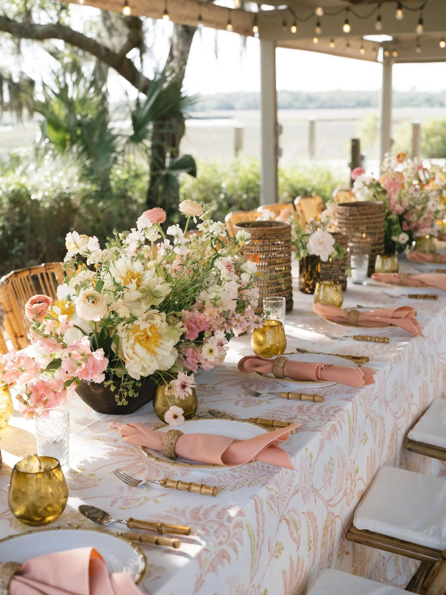 Bamboo and rattan details for this rehearsal dinner at Mingo Point