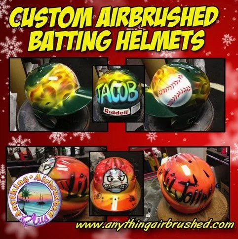 Custom airbrushed batting helmets make a great gift for the holidays. No better time to get them done then on the off season.
.
.

#airbrush #airbrushart #airbrushedtshirts #tshirts #artists #cincinnati #softball #baseball #softballhelmets #cincinnat