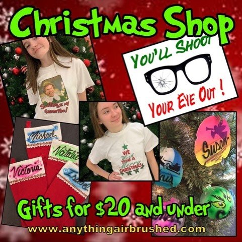 We have great gift ideas for $20 and under. Visit our website for more great ideas. www.anythingairbrushed.com
.
.
.
#shopsmall #shoplocalbusinesses #supportsmallbusiness #christmas #presents #airbrush #airbrushart #airbrushedtshirts #tshirts #artist