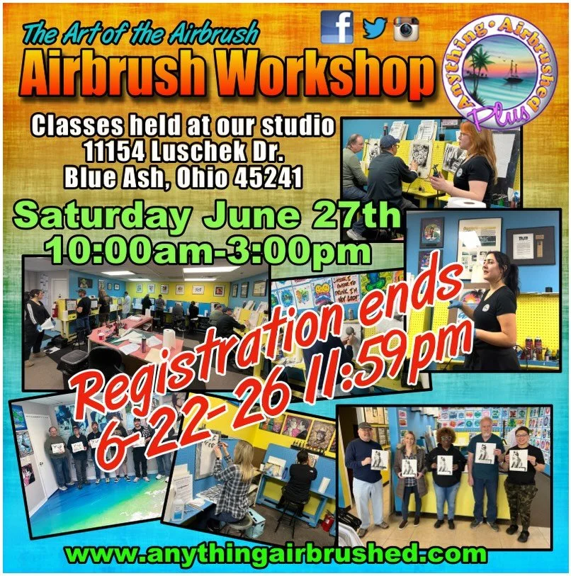 Registration ends Monday 6-22-26 at 11:59pm. 

Sign up now for our Next Airbrush workshop on Saturday June 27, 2026 Check out our website for more information and sign up today&hellip;. www.anythingairbrushed.com

Great for the artist in the family.
