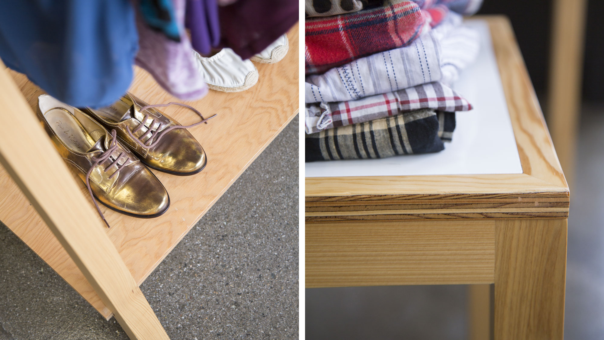 Wood retail fixture with gold shoes