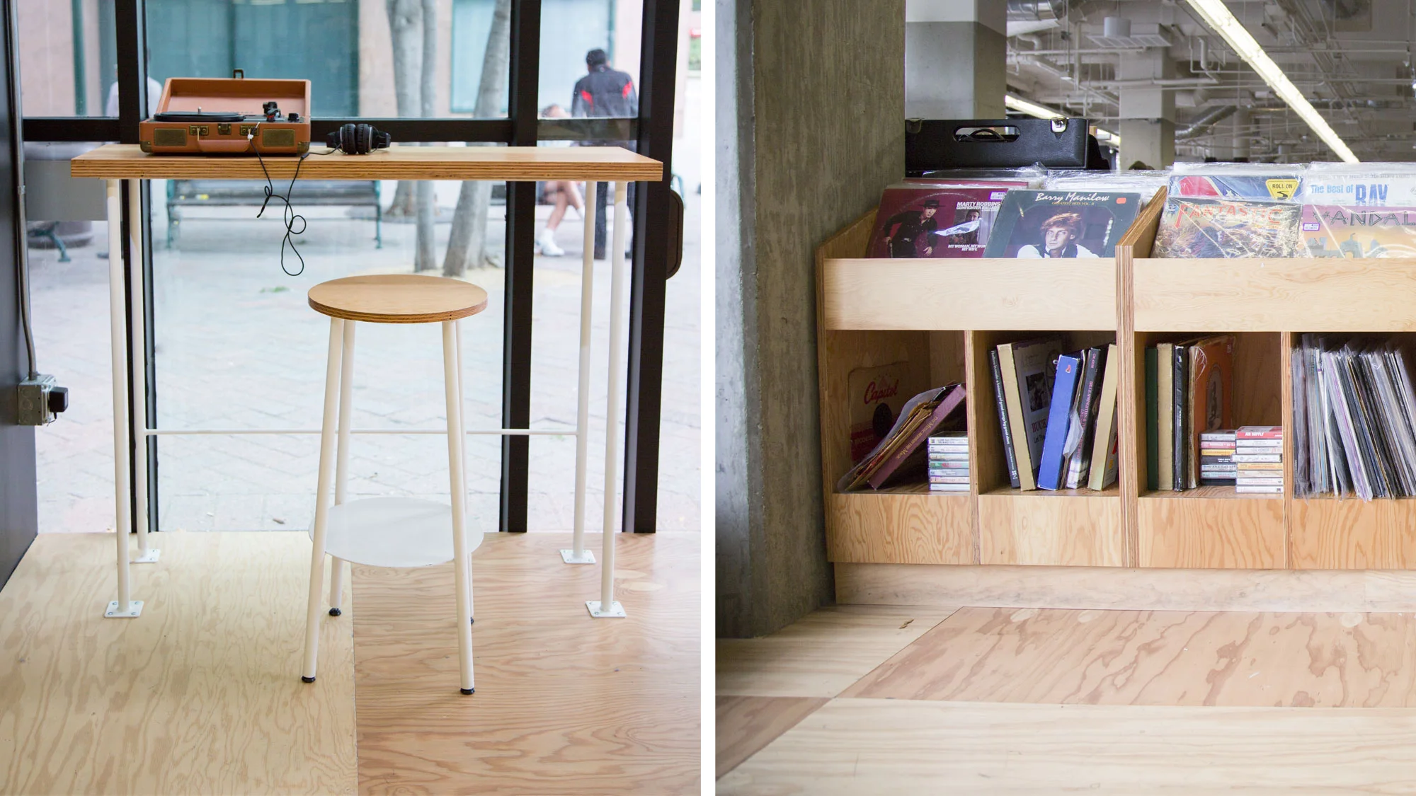 wooden record shelves and stool