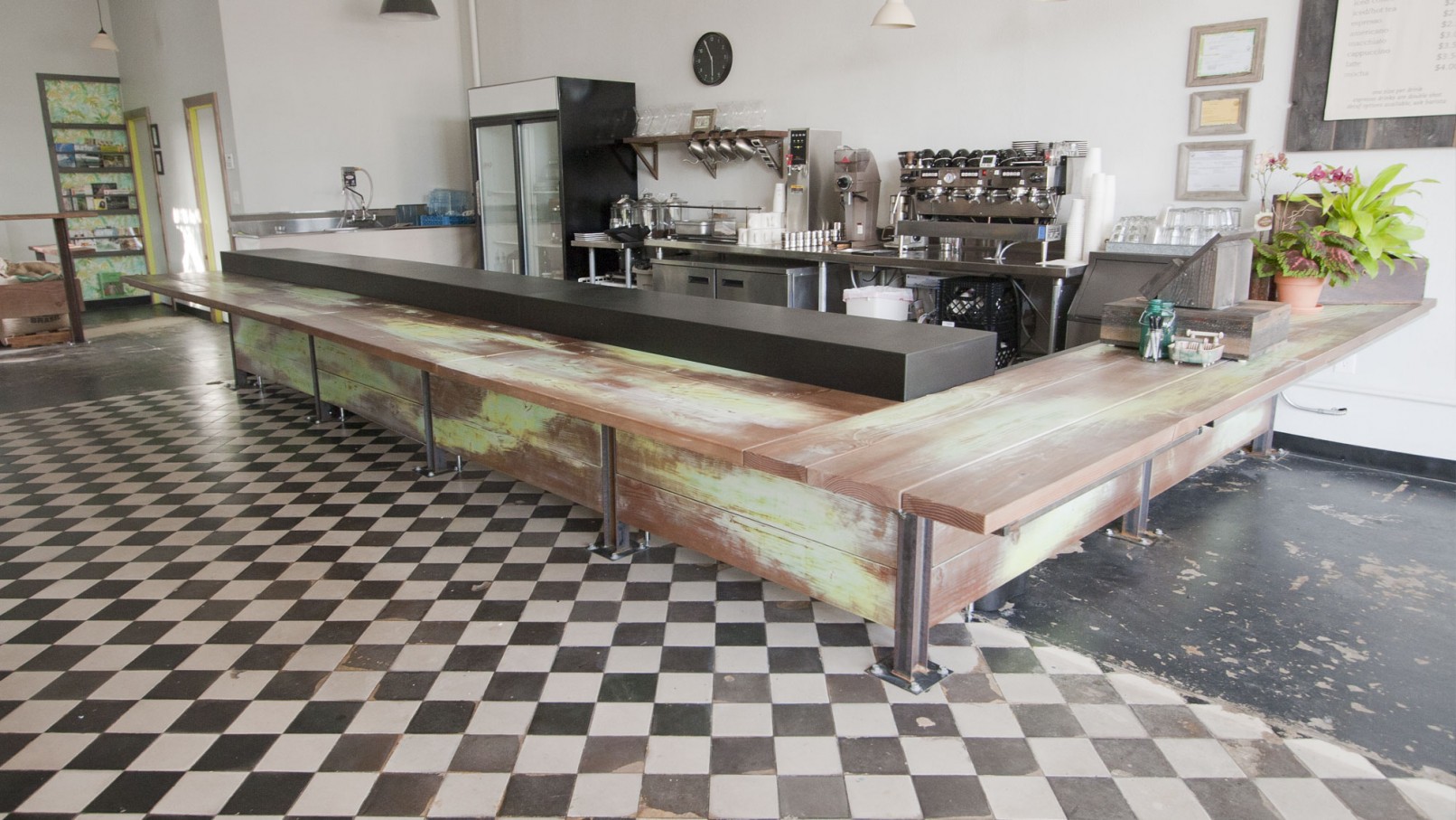 wood and metal coffee bar for Lord Windsor in Long Beach