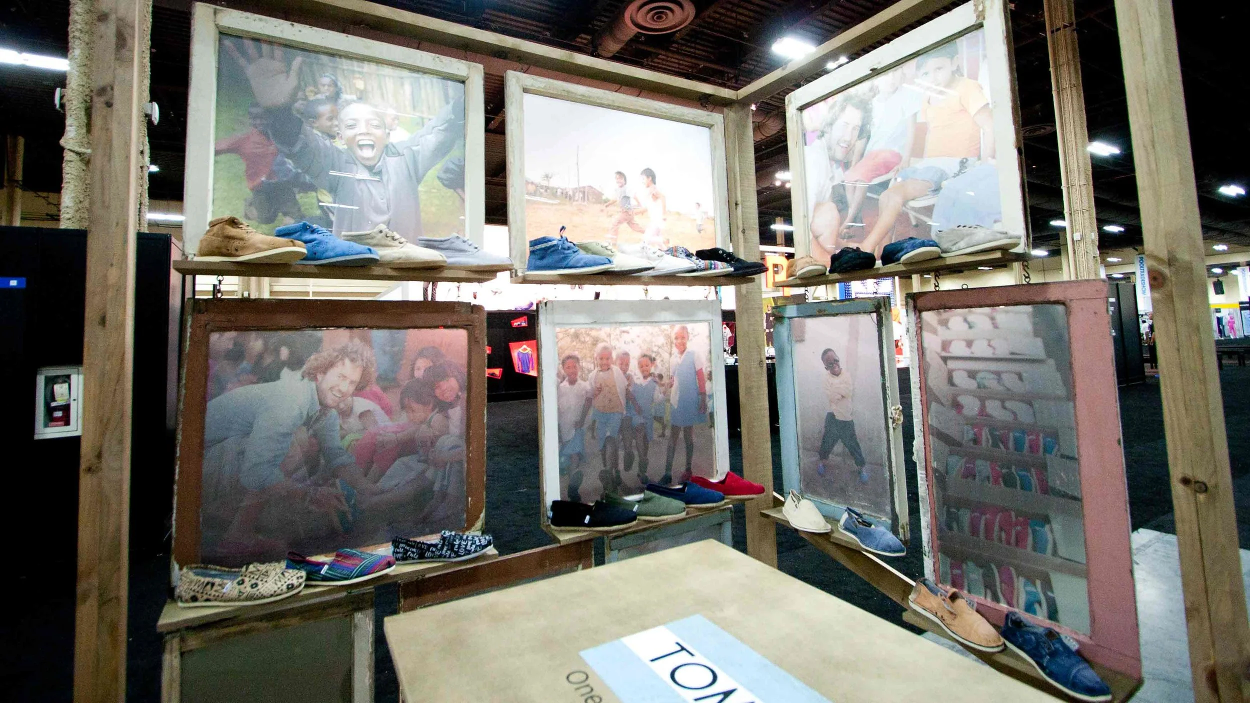 reclaimed window display for Toms shoes