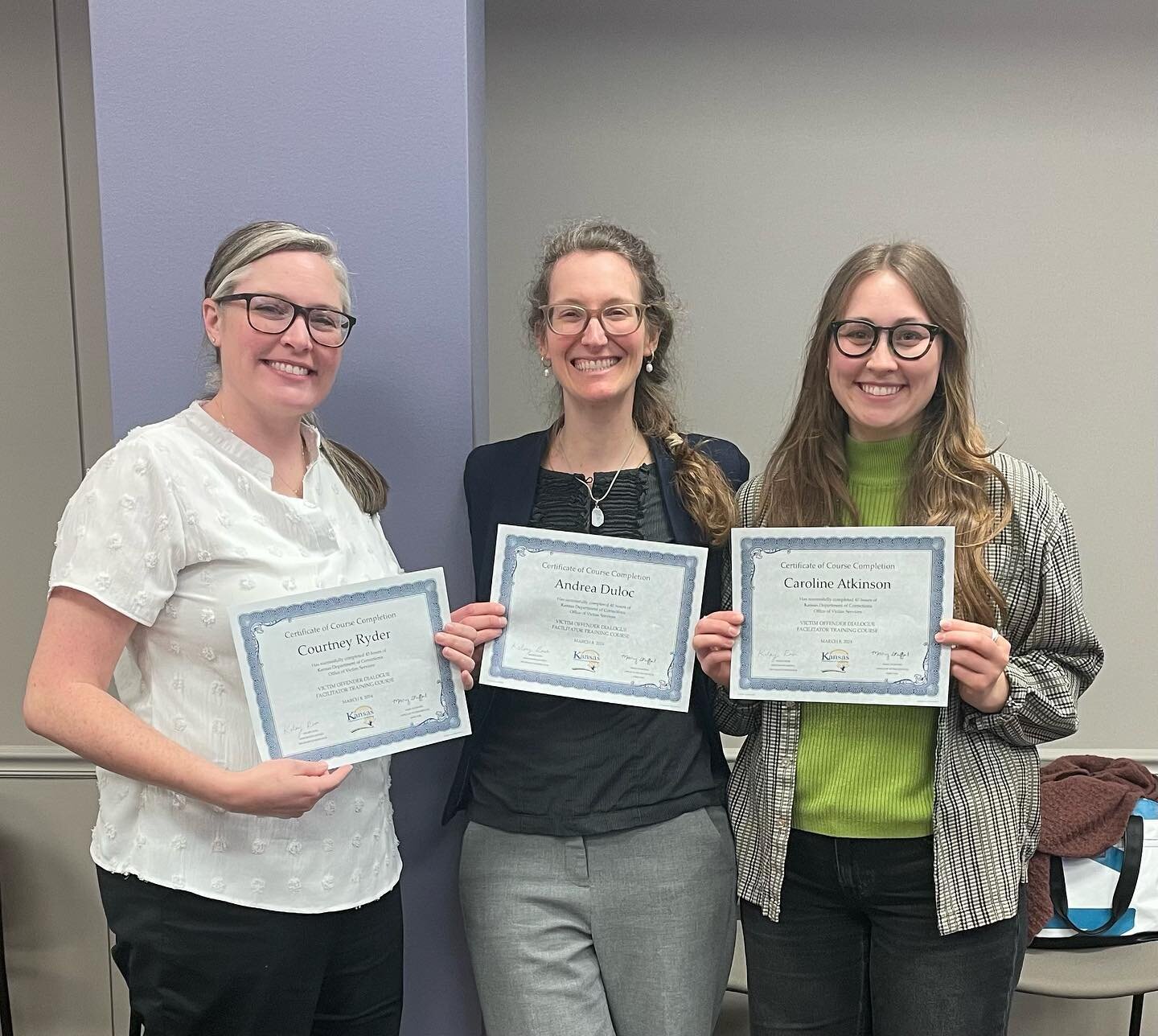Congrats to Courtney, Andrea, and Caroline on completing a 40 hour Victim-Offender Dialogue Facilitator training! Thank you to the Kansas Department of Corrections for leading the training