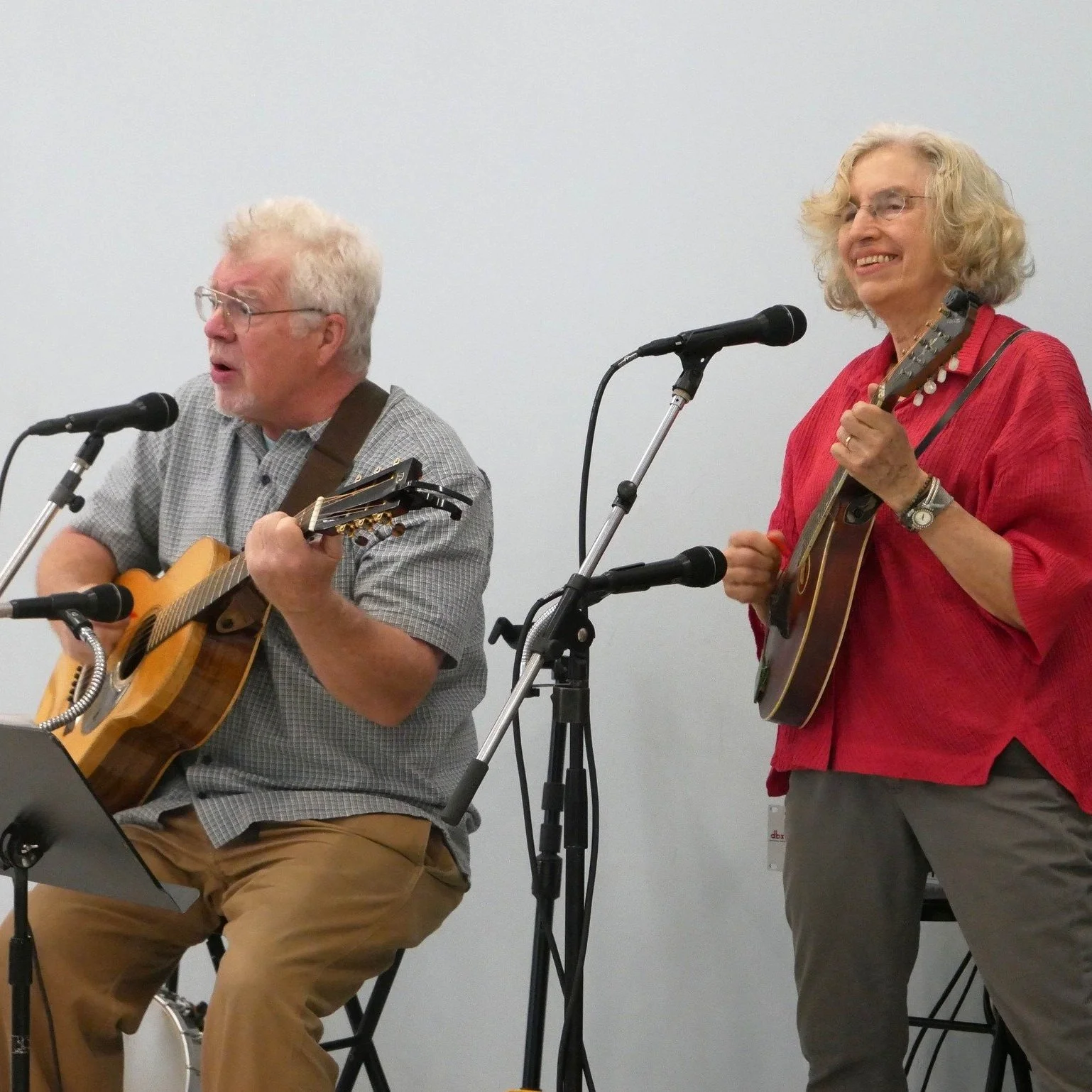 two older adults playing acoustic instruments and singing