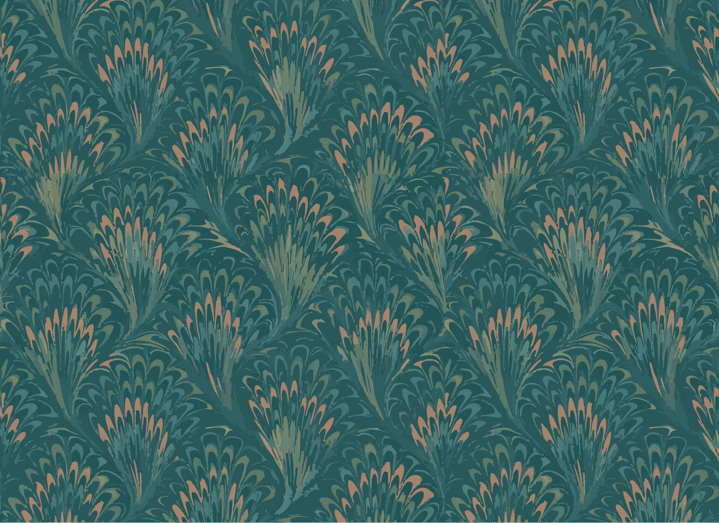 A pattern of stylized, overlapping peacock feathers in shades of teal, green, and beige.