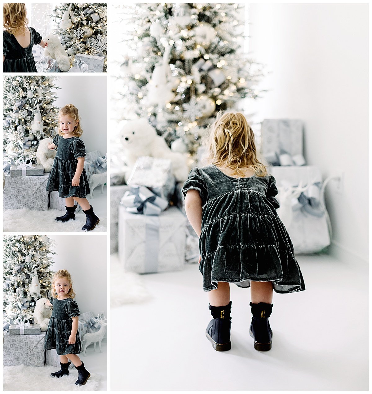 Toddler green dress and Christmas tree