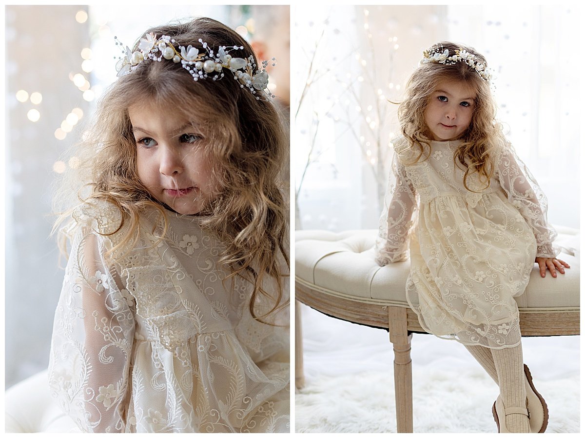 White dress and little girl at Christmas