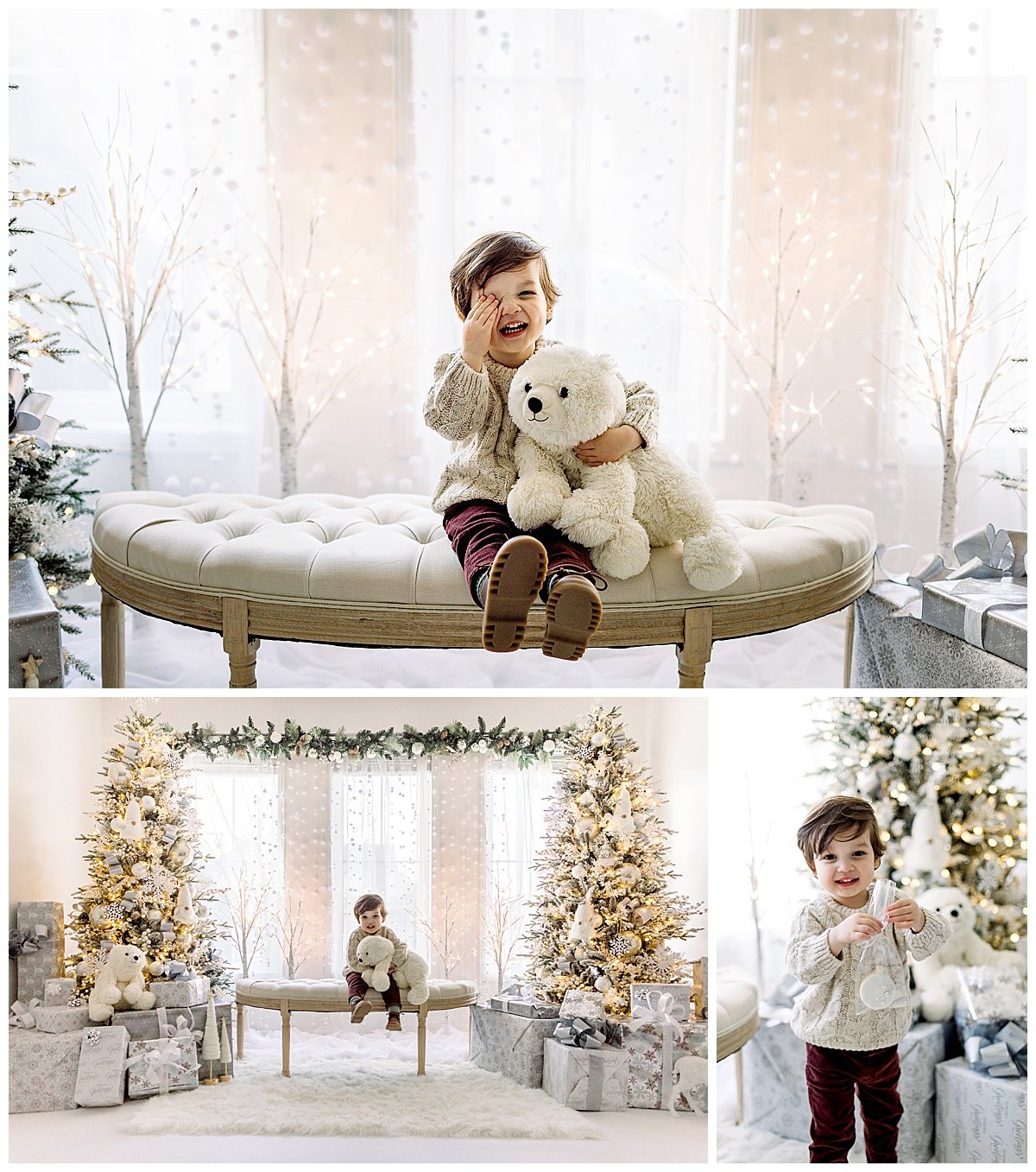 Boy on bench in front of Christmas Set