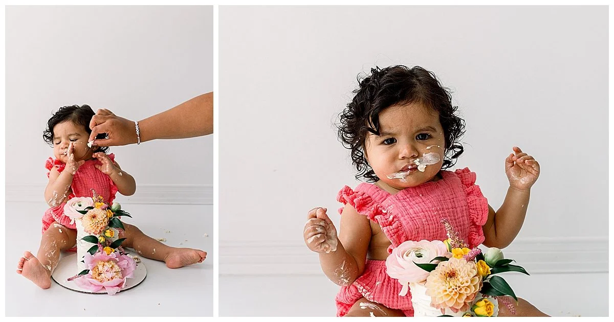 Two images of a baby girl with black curly hair not liking the floral cake mom is feeding her, in Oshawa