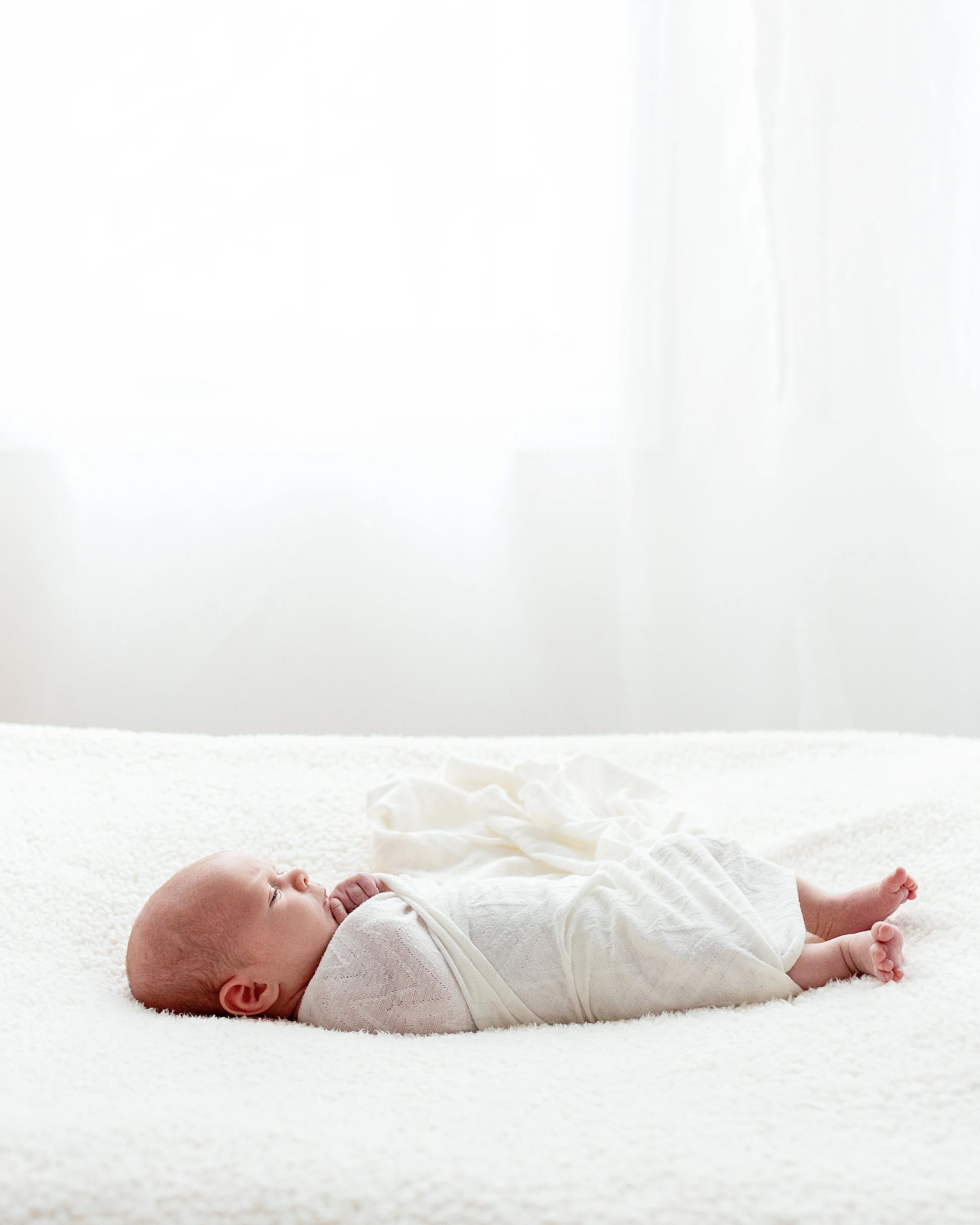 Newborn Baby wrapped in white backlit during newborn session in Oshawa studio