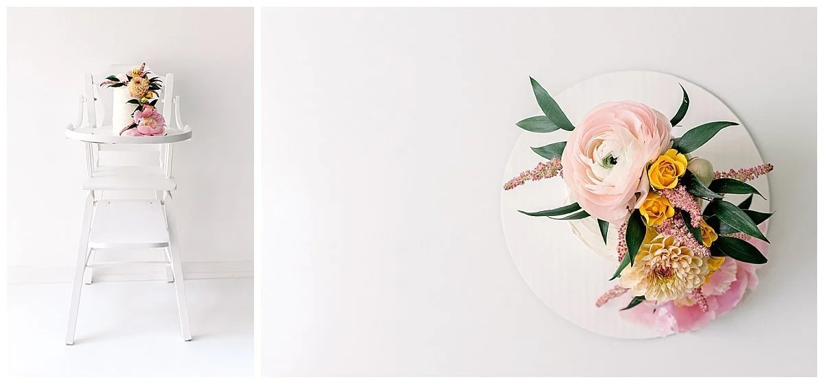 Collage of a beautiful white cake with fresh ranunculus and roses on a white floor and vintage white high chair, in Oshawa 