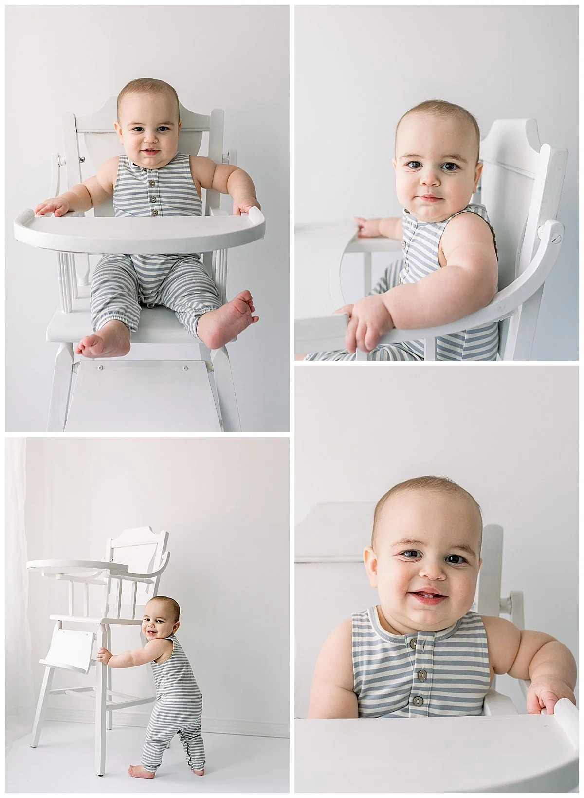 Collage of 4 images of a one year old chubby baby in a white highchair  wearing a striped white and green romper in a baby session in Oshawa