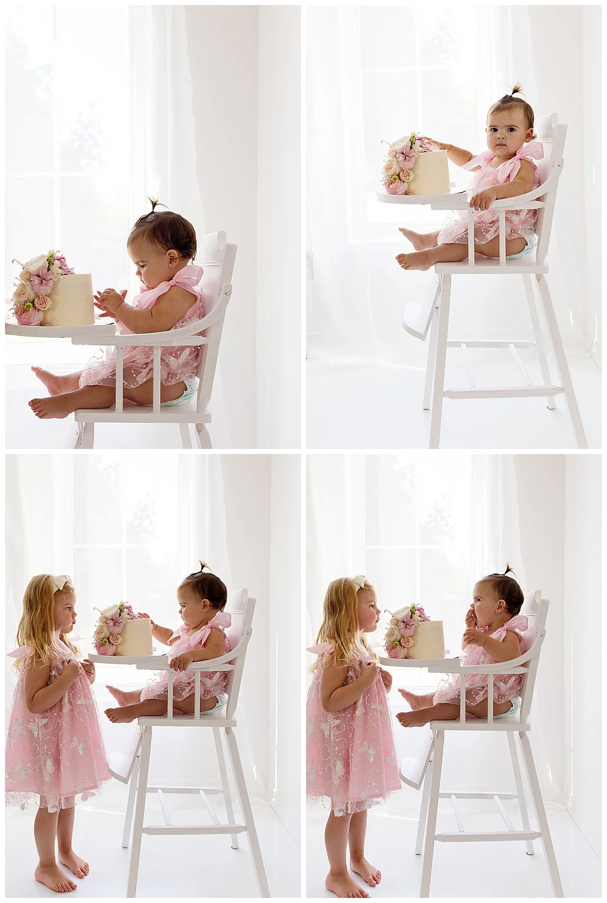 A collage of 4 images of a big sister and one year old and her pink rose cake in a white highchair, in Oshawa studio