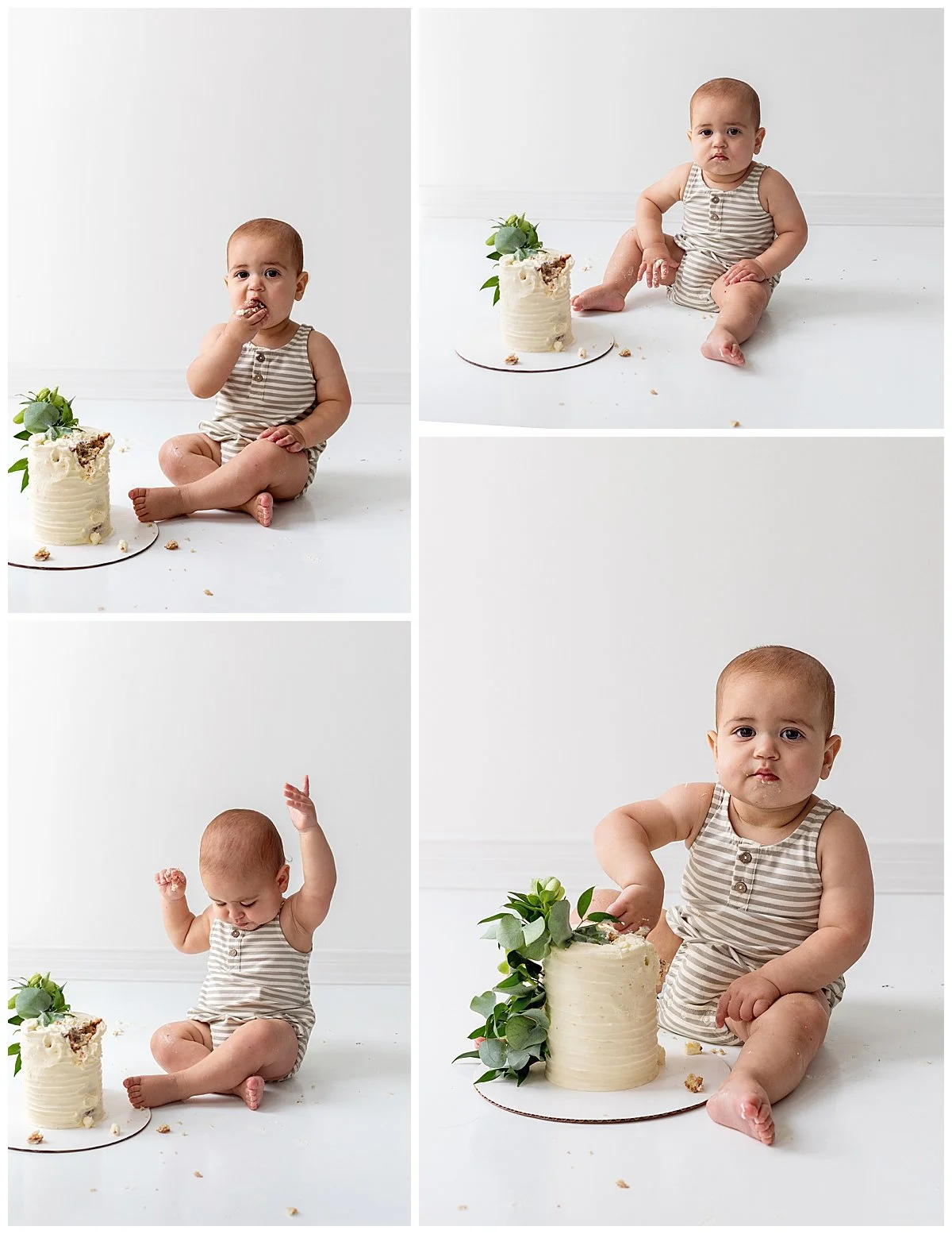 Collage of cute baby boy with his white cake and greenery poking his cake and eating it in a white studio, Oshawa