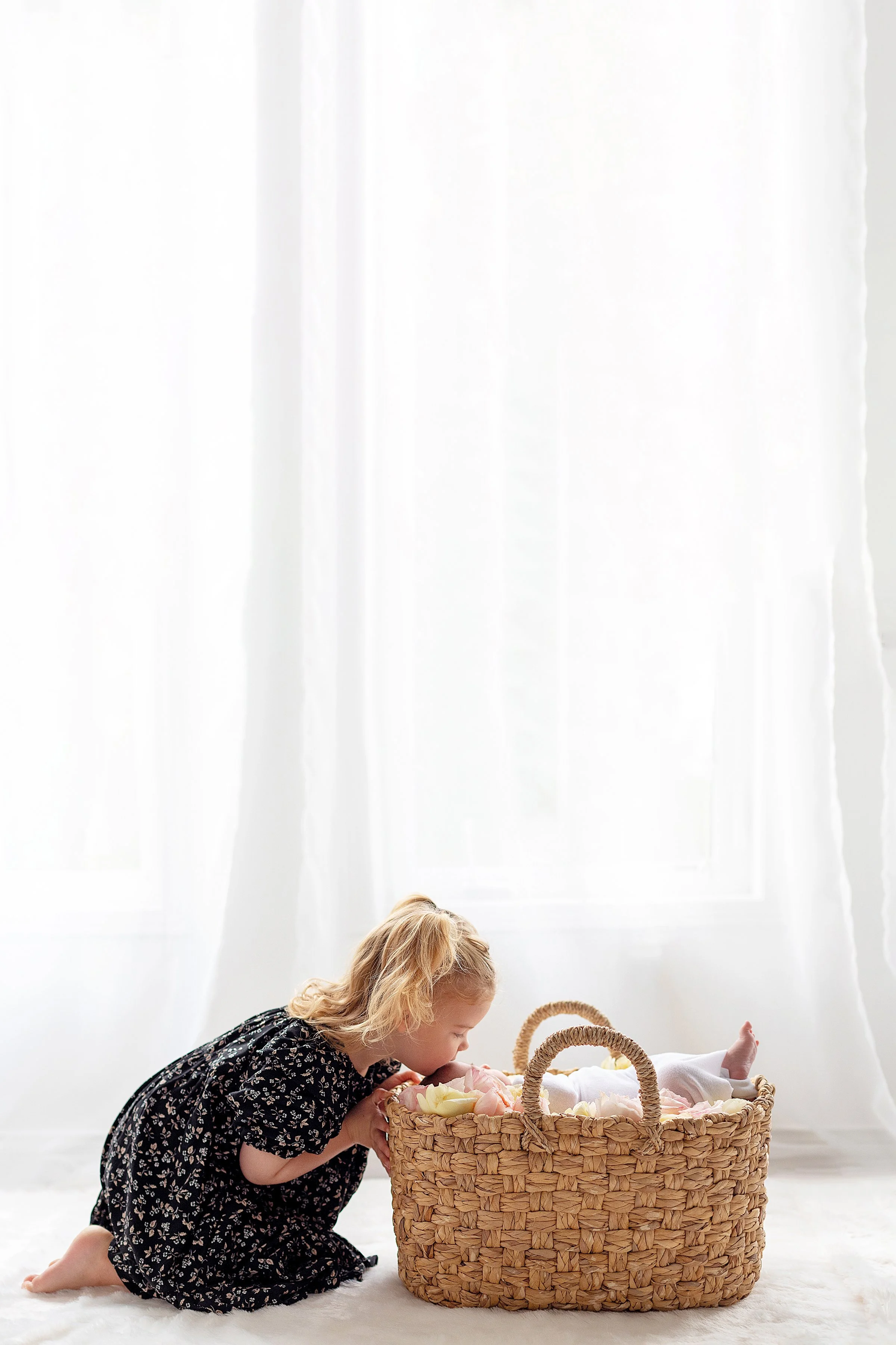 Blonde toddler in navy dress kissing her baby sister in basket in front of window, in Durham Region studio