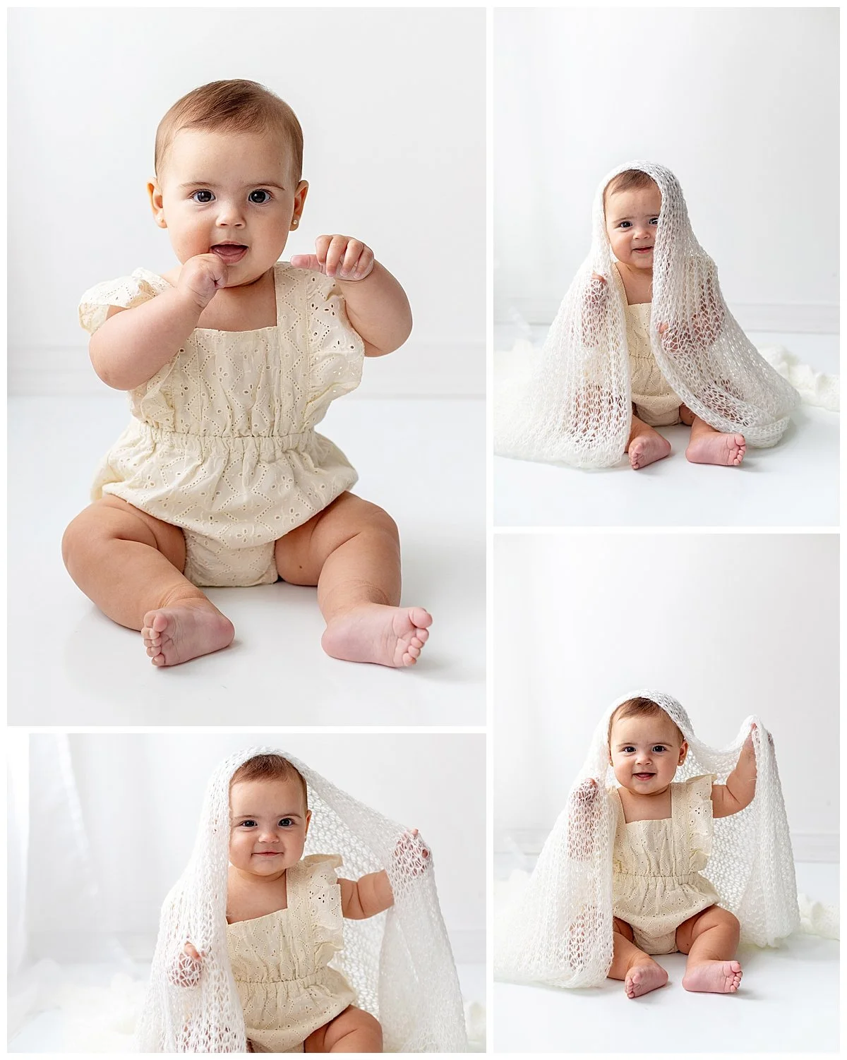 A collage of 4 images of a baby girl in a yellow romper with a knitted baby blanket over her head and smiling at camera while sitting on a white studio floor in a baby shoot in Oshawa