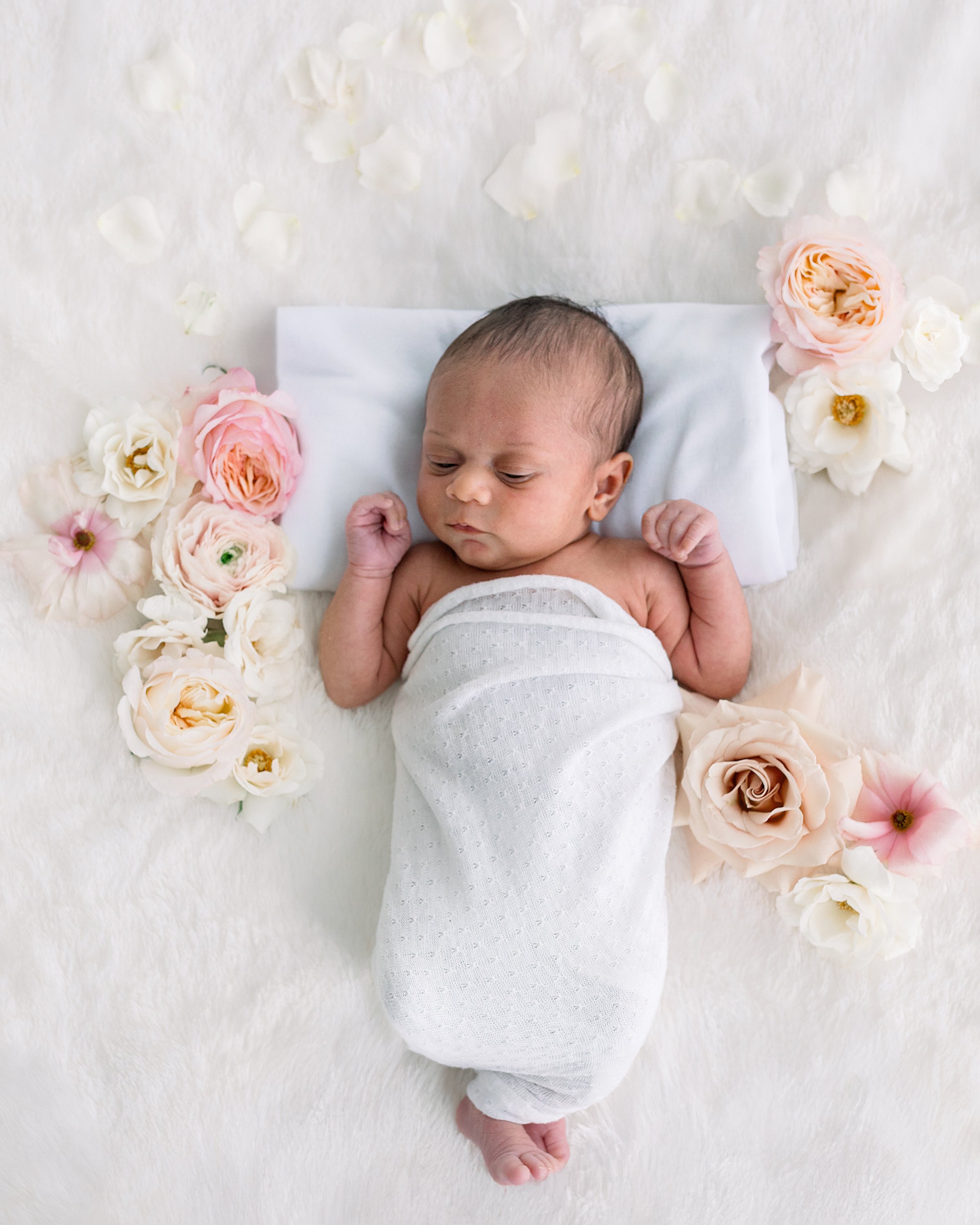 Luxury newborn photograph of newborn and fresh flowers in white studio Oshawa