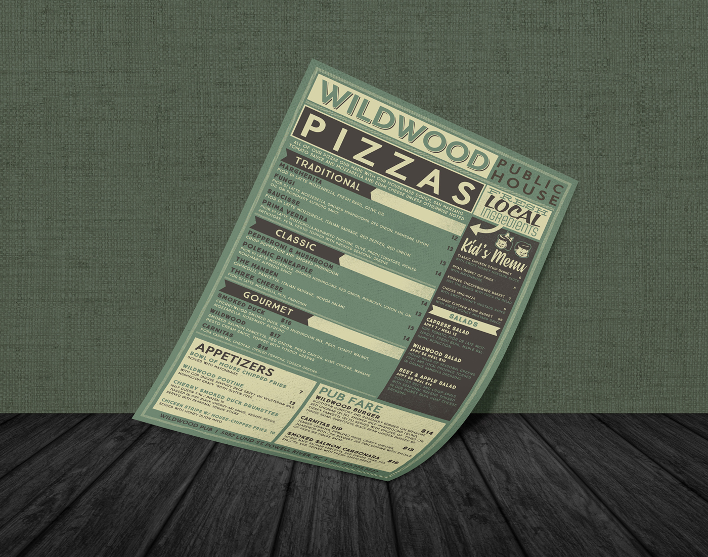 Menu Design: Wildwood Pub, Powell River