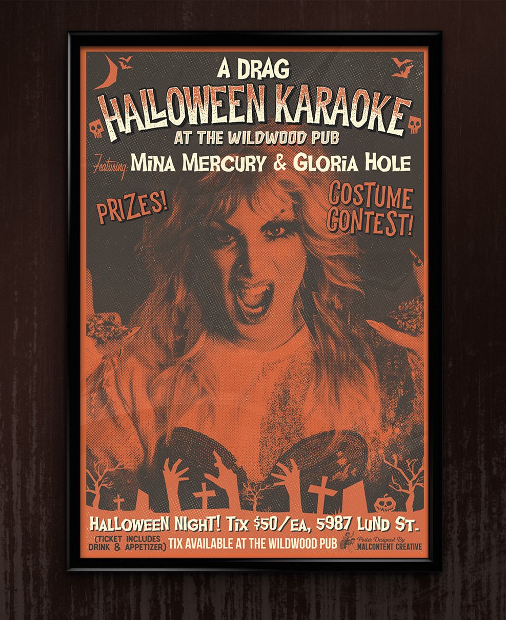 Poster Design: Wildwood Pub Halloween Drag Kareoke, Powell River BC