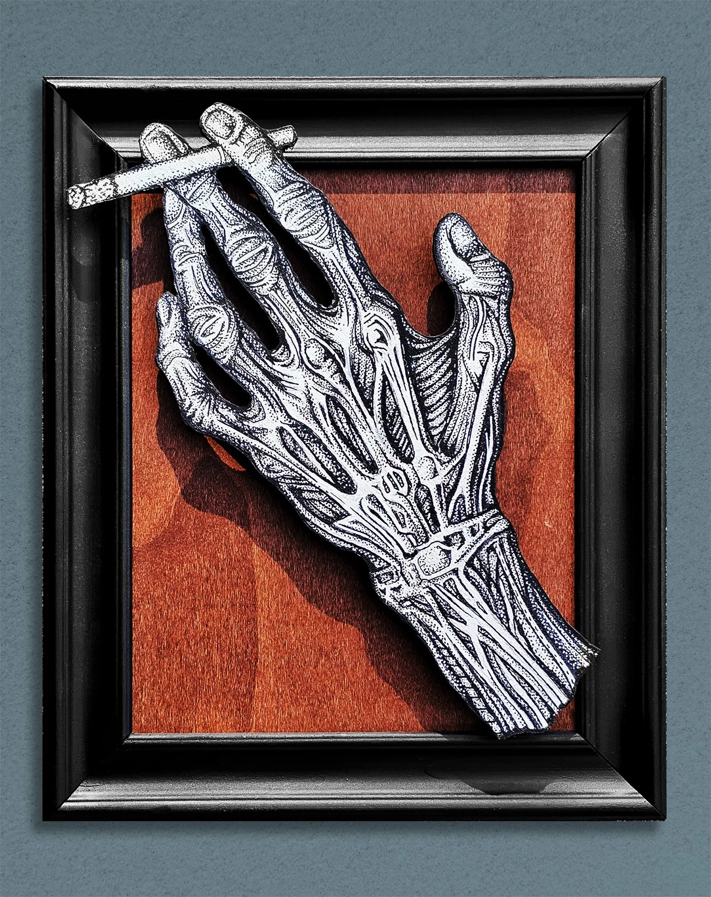  'Philosophy Major', Pen &amp; Ink on layered Wood, 11"x12.5 by Jesse Ladret, Sold 