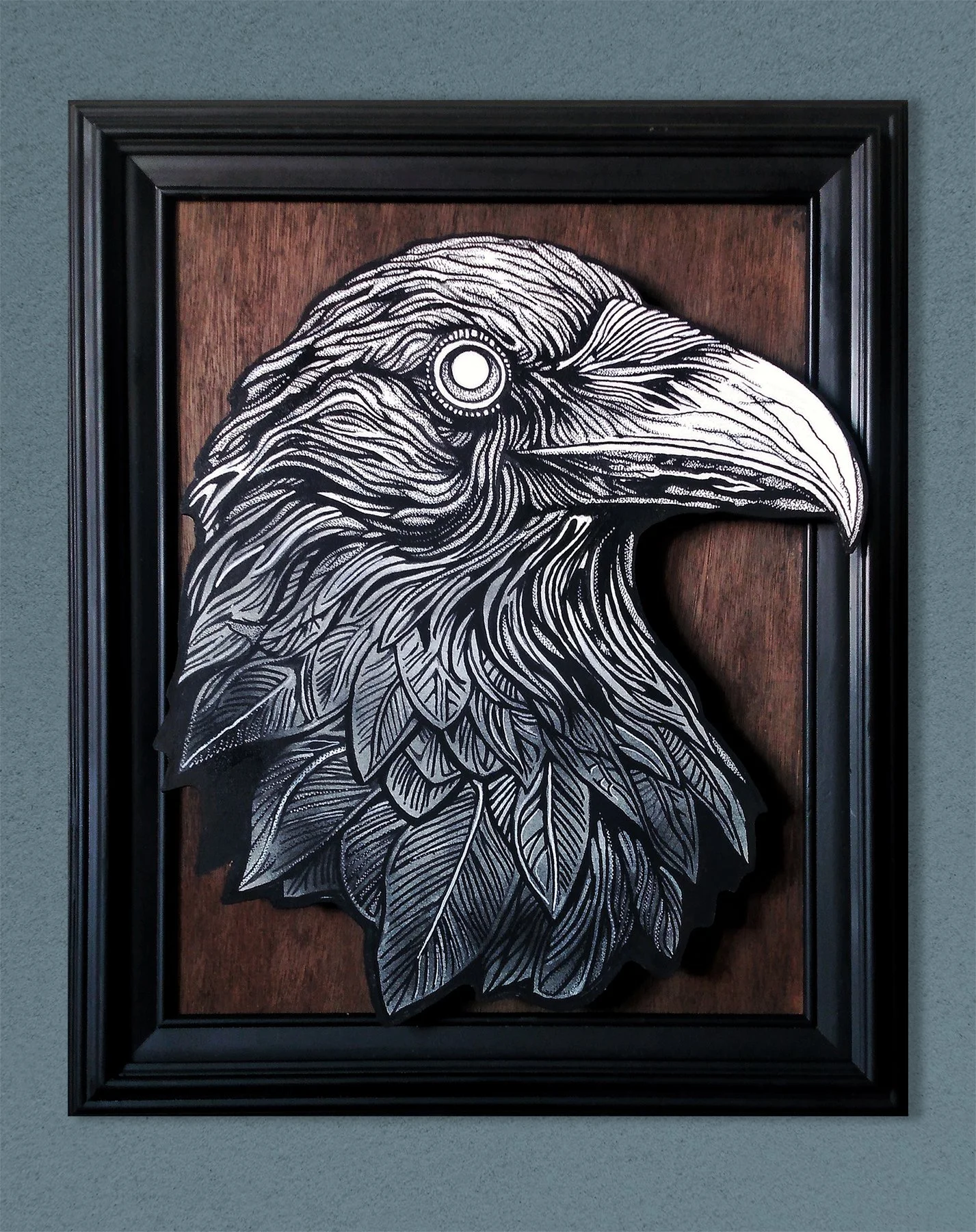  “Cadence the Corvid” - Pen &amp; ink on layered wood, 20" x 25" by Jesse Ladret *Sold 
