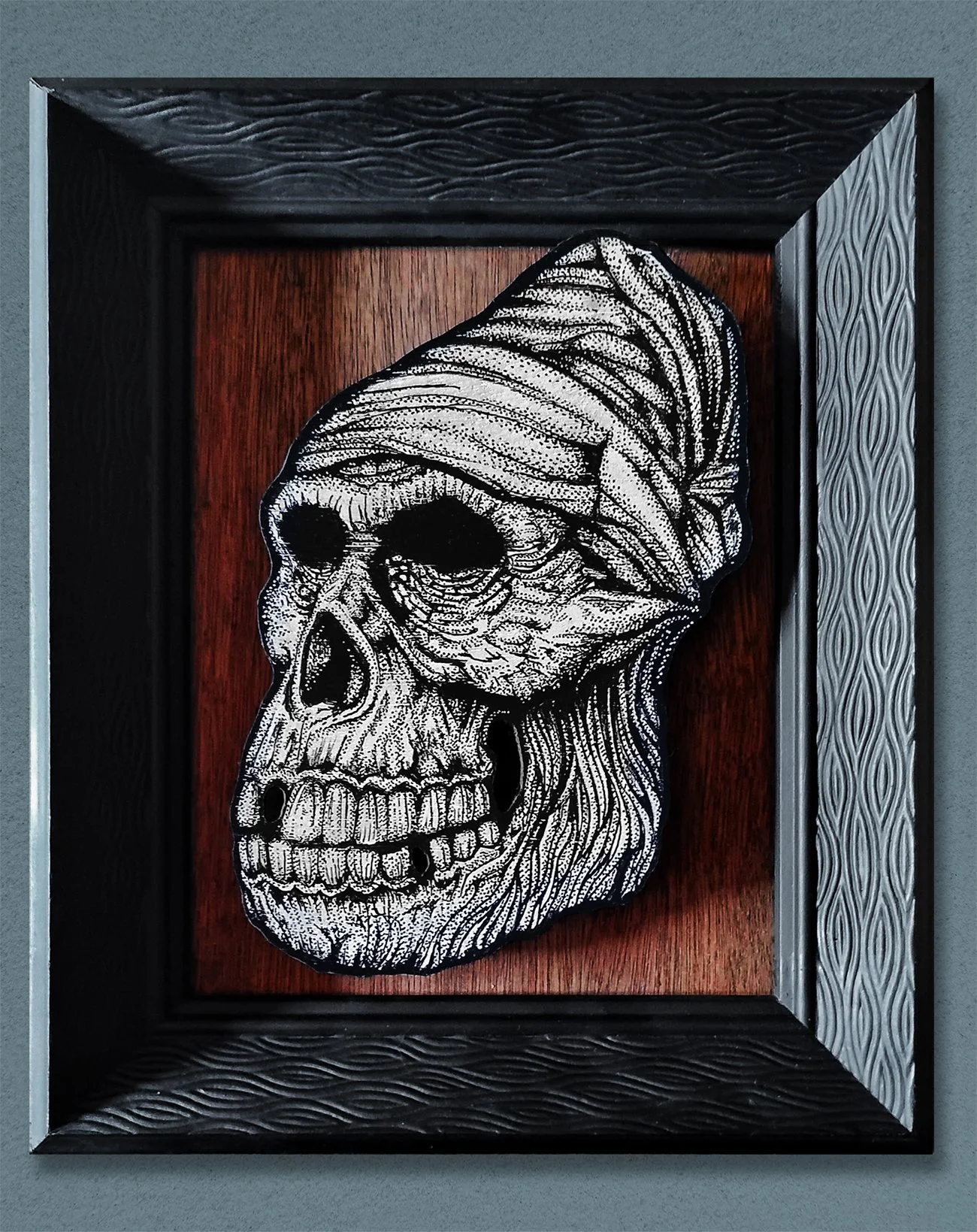Yeti For Bedtime – Pen & ink on layered wood, 11" × 14" by Jesse Ladret