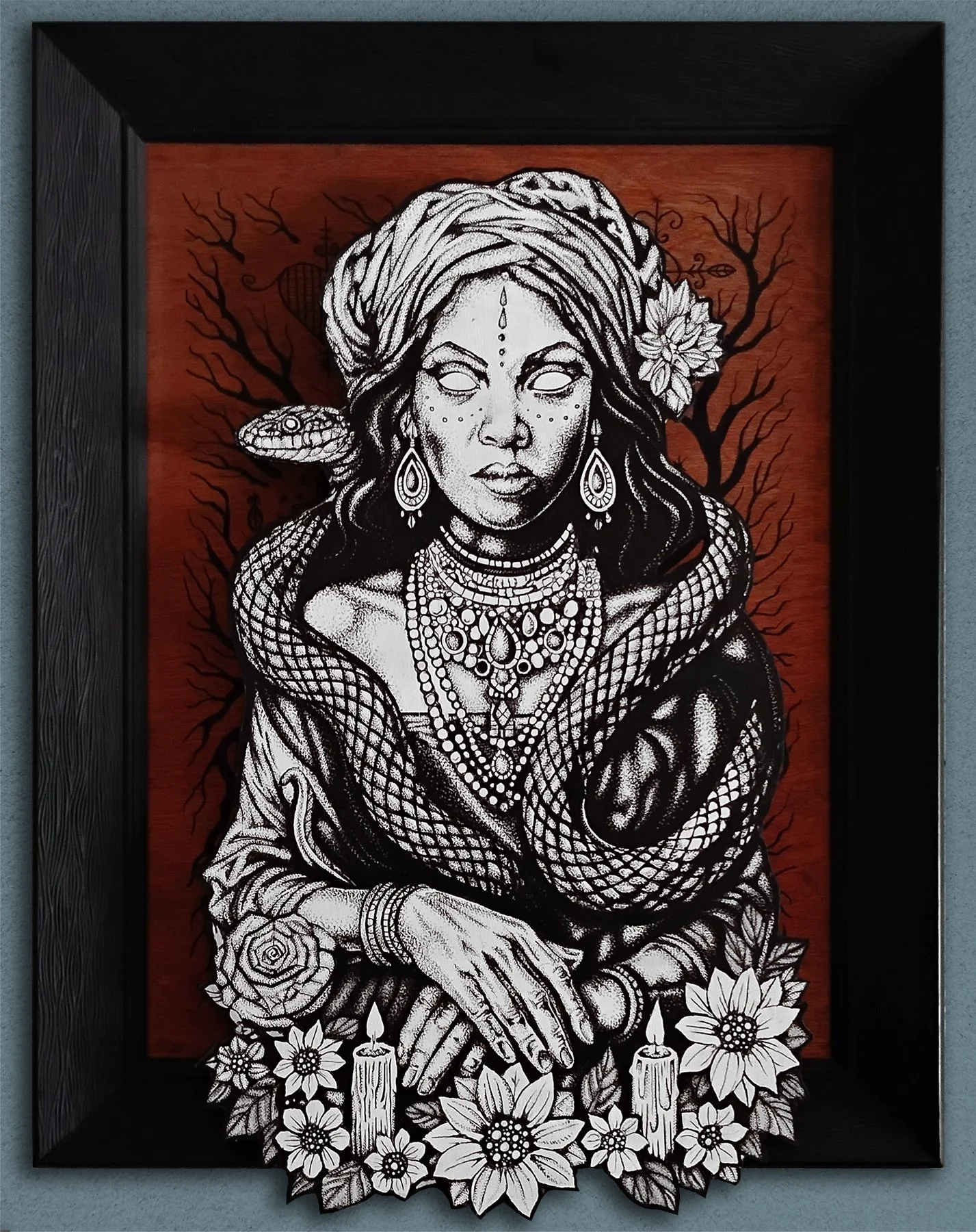 Marie Laveau, 24x18, Pen & Ink on layered wood, 2025