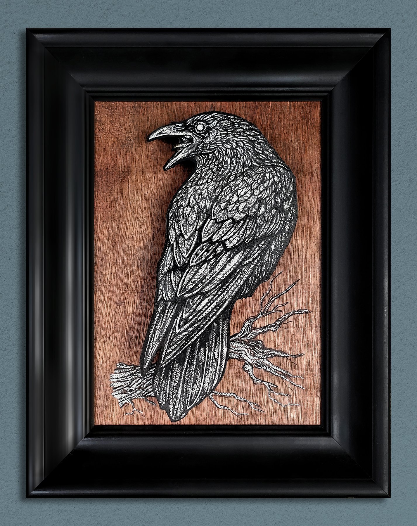  "Caw", 18"x14", Pen &amp; Ink on Layered Wood *Sold 