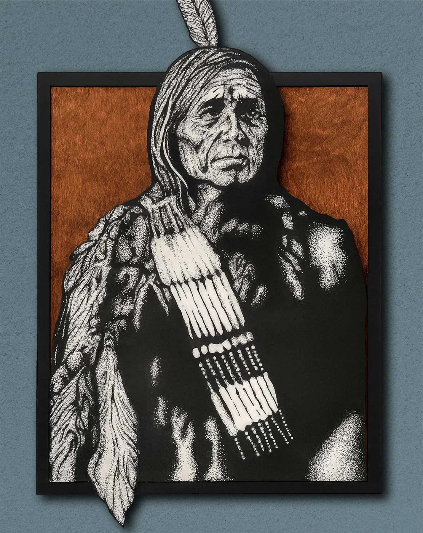 ‘Chief Papaschase / John Gladu-Quinn’ Pen & Ink on Layered Wood, 16"x20" 