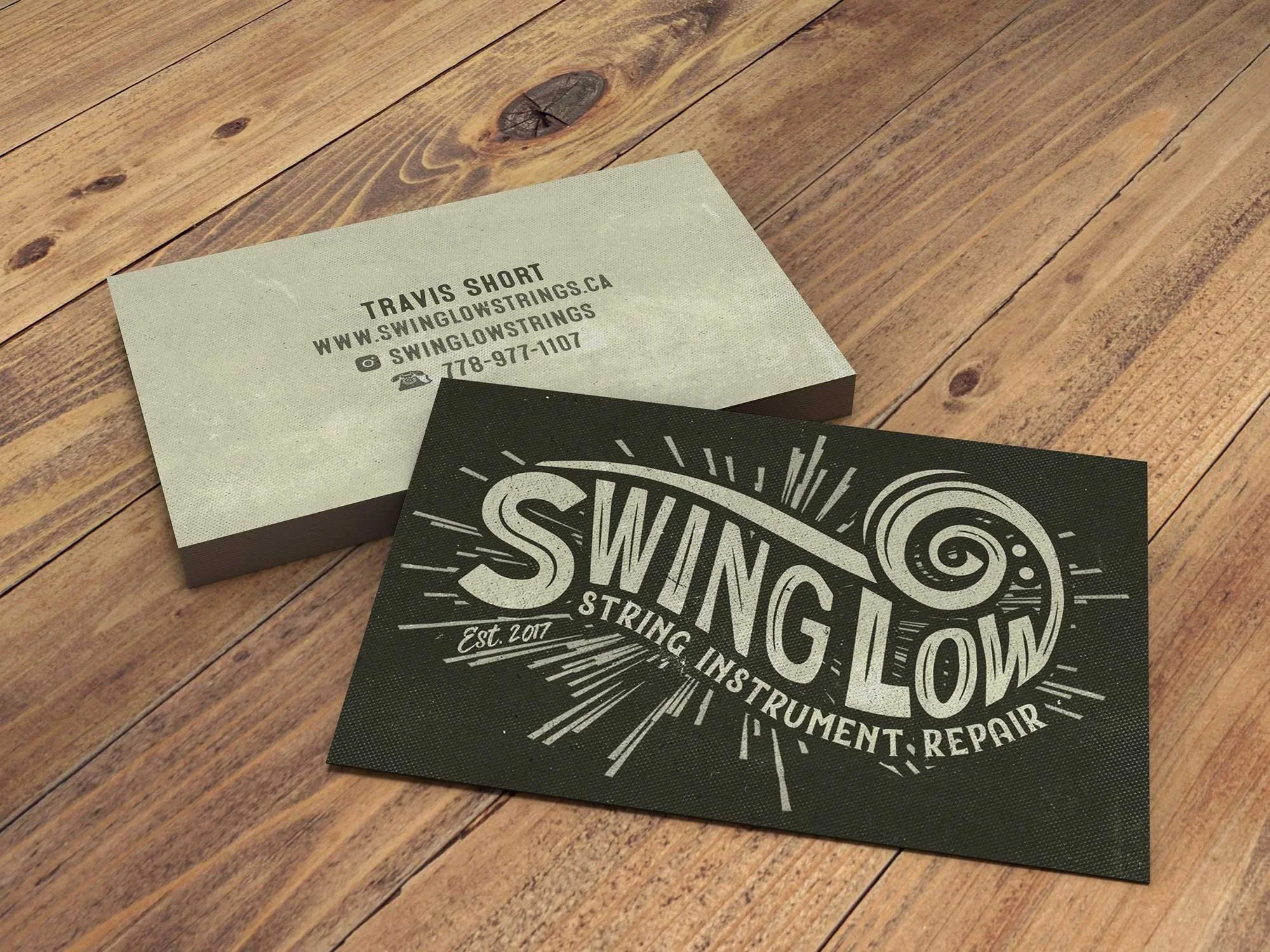 Logo & Business Card Design: Swing Low Strings Instrument Repair, Victoria BC