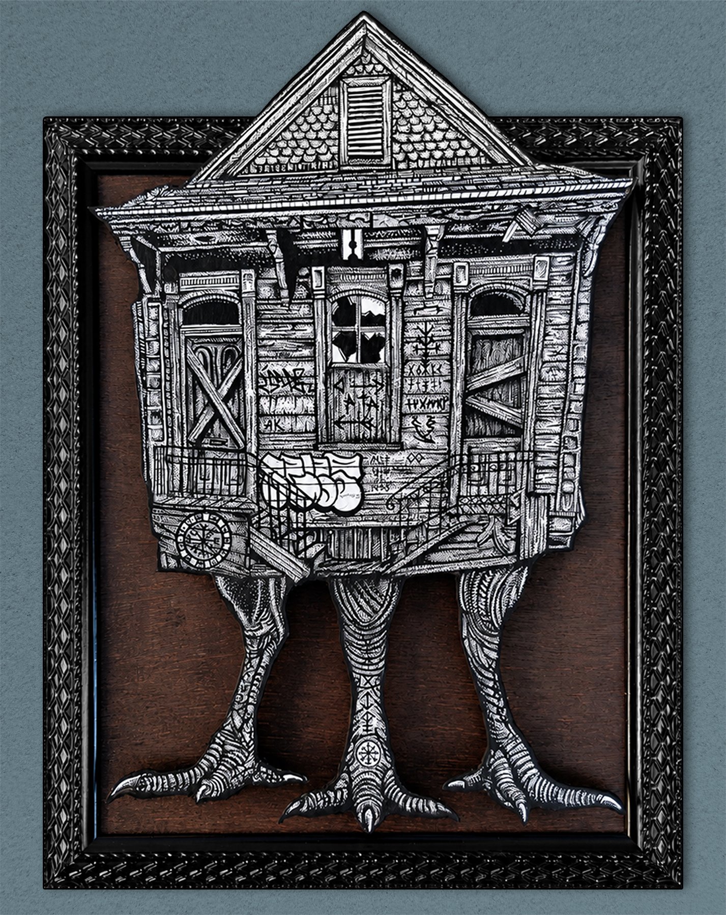  'New Orleans Baba Yaga, 18"x20", Pen &amp; Ink on Layered Wood 