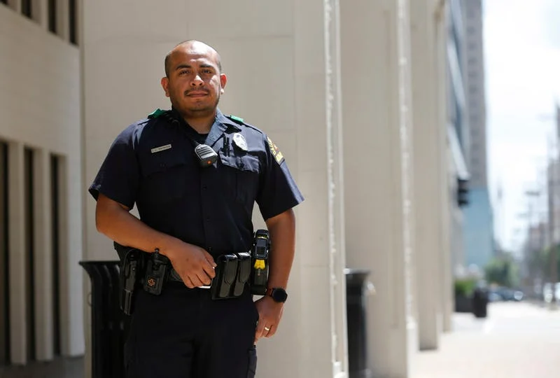 Dallas police Officer Jorge Barrientos poses for a portrait near El Centro College in downtown Dallas on July 5, 2019. Officer Barrientos was one of many officers who responded to the call as a gunman in downtown Dallas shot and killed five officers…