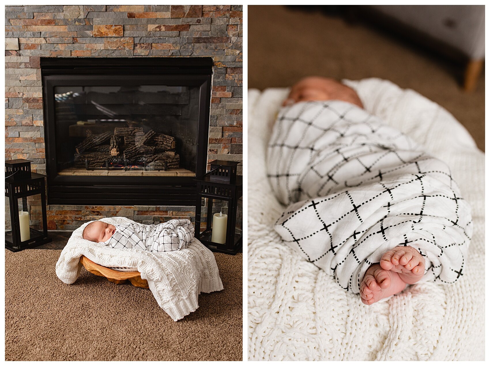 Newborn in front of fireplace