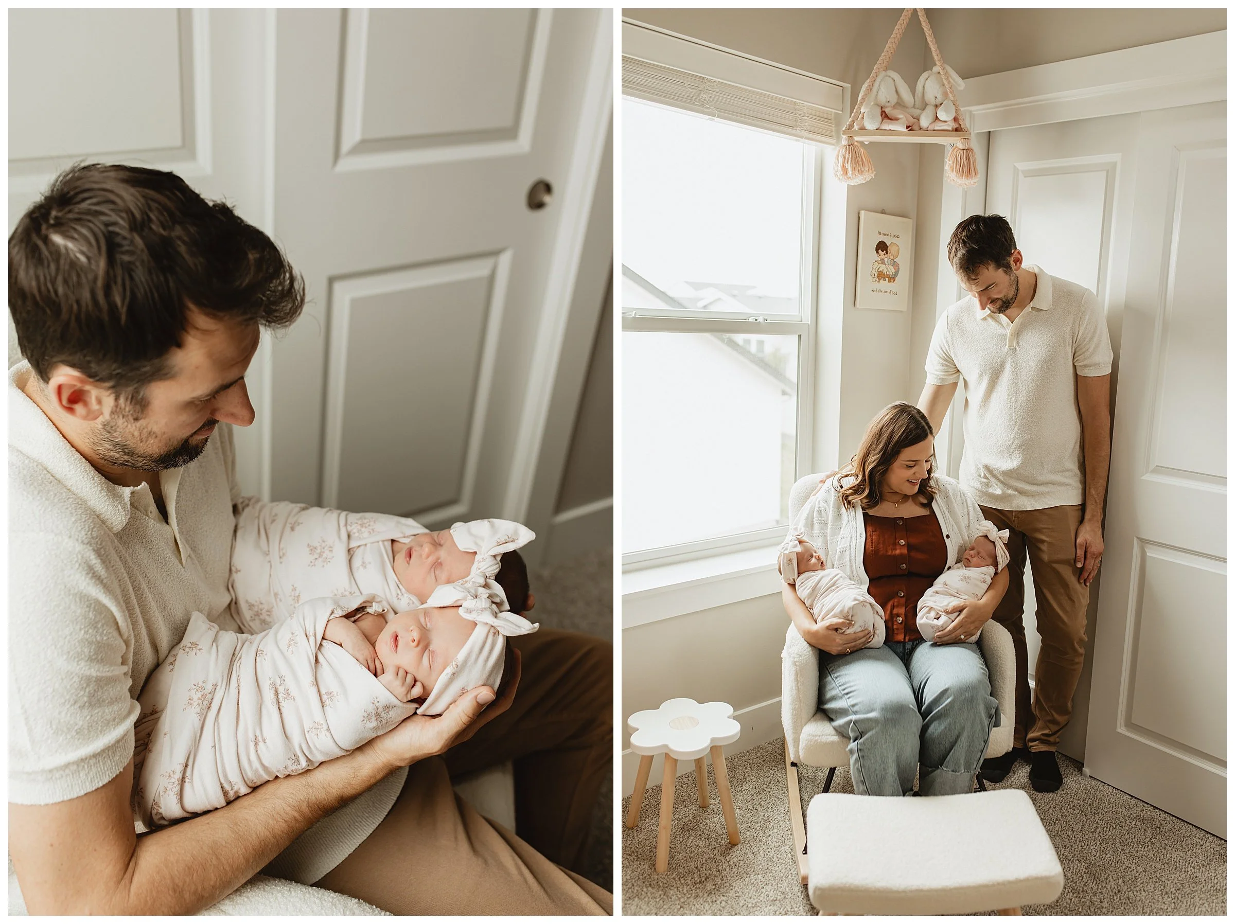   Dad holding newborn twins during a lifestyle newborn photography session in Boise  
