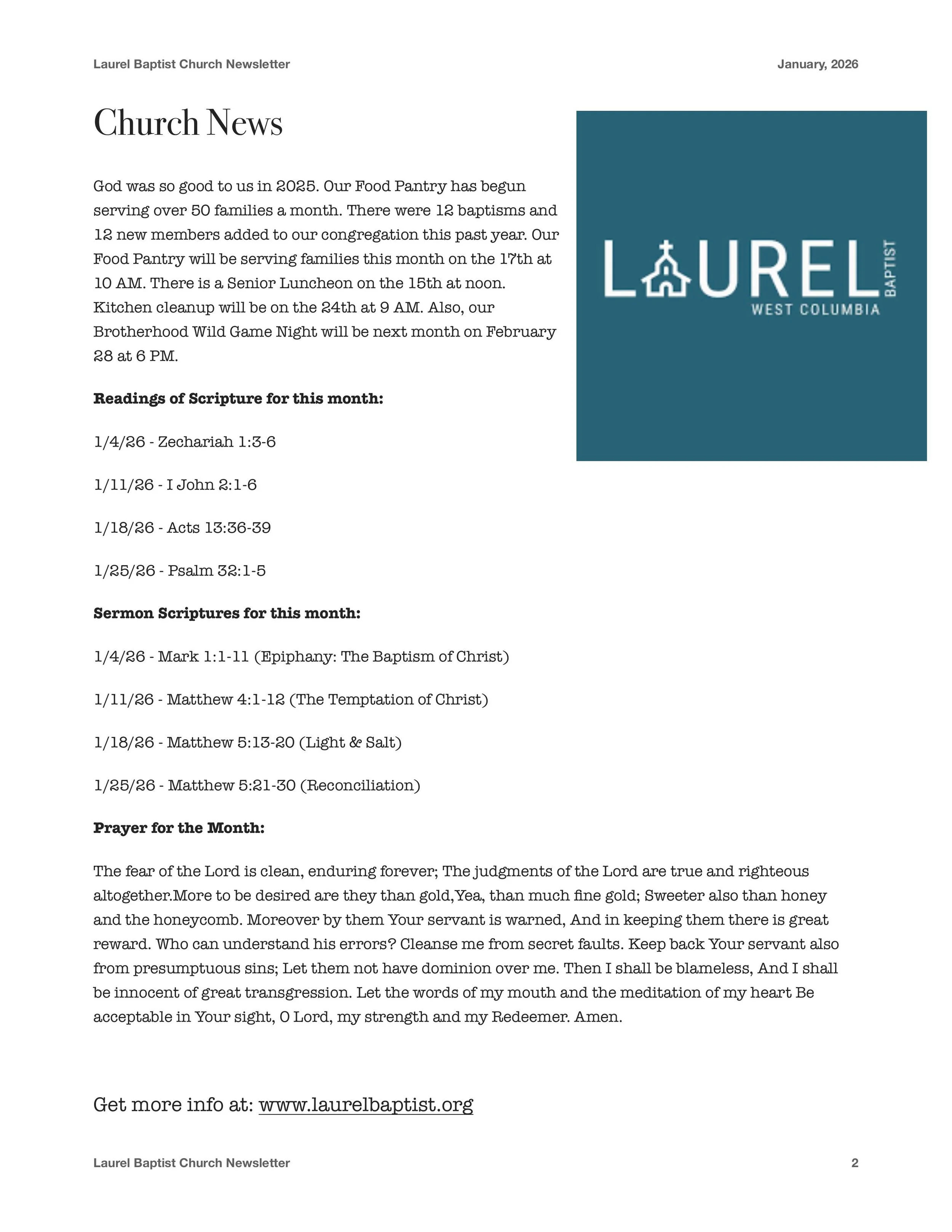 Laurel Baptist Church Newsletter January 2026 pg2
