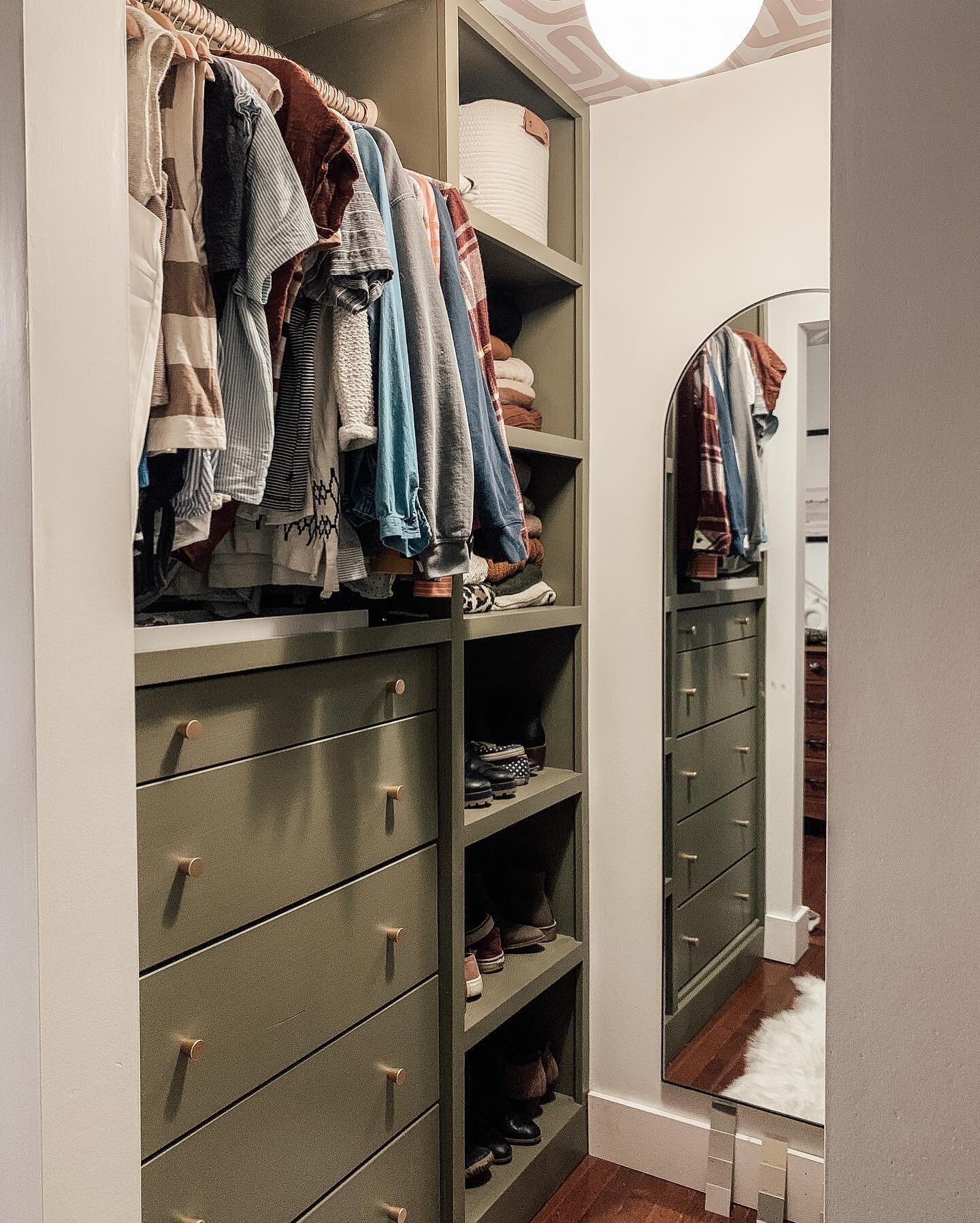 I still can&rsquo;t believe we built this. I really love creative solutions like this. We took an awkward space in our bedroom and built this walk-in closet to solve our storage woes. I don&rsquo;t miss the old cave of a closet ONE BIT and I don&rsqu