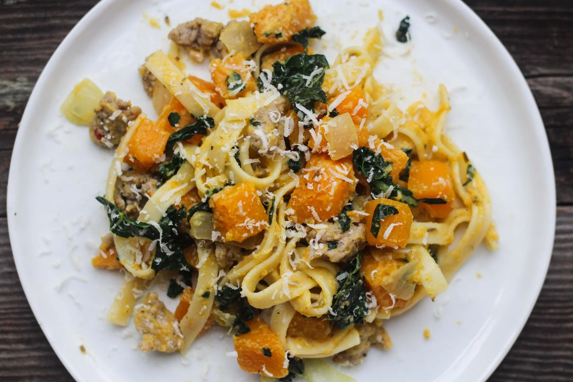 Sausage and Kale Fettuccine with Butternut Cream Sauce 