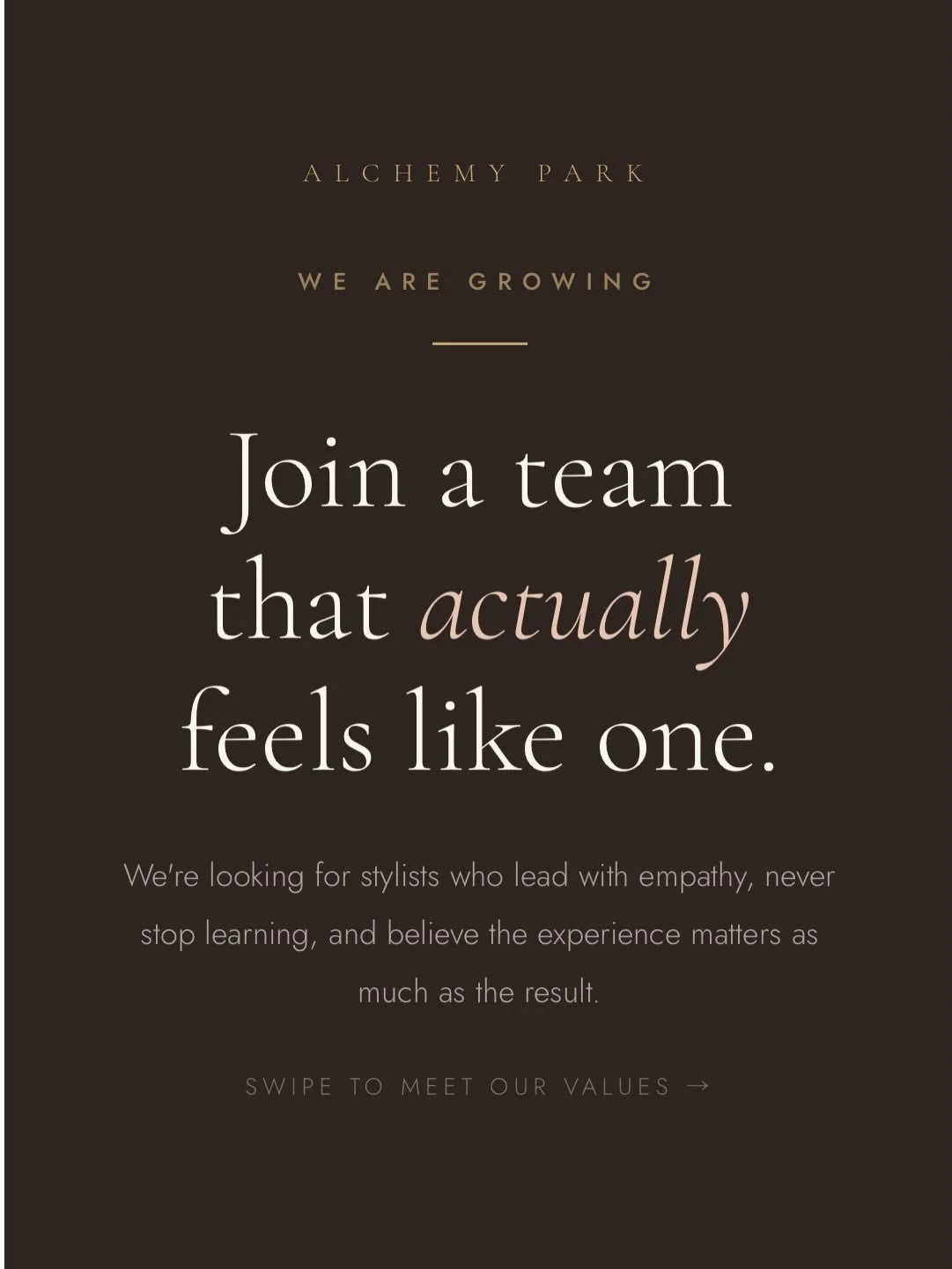 We are growing. And we are selective about who joins us.
Not every stylist is built for Alchemy Park, and that&rsquo;s not a criticism. It means we are looking for something specific: people who lead with empathy, hold themselves accountable, never s