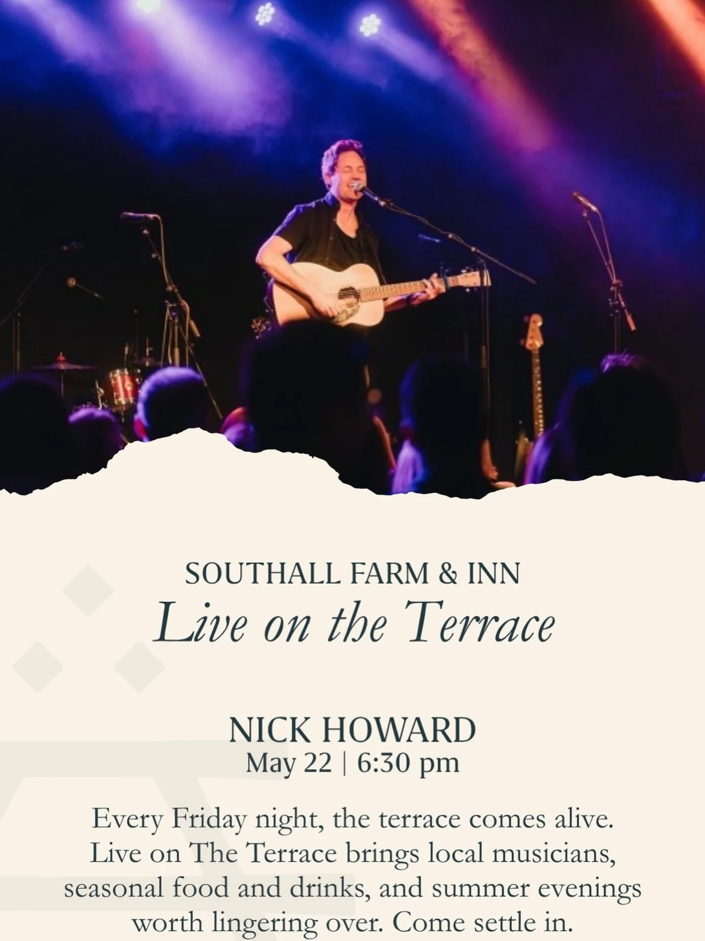 Nashville area friends! So excited to play the Live on the Terrace series at @southalltn on Friday, May 22nd 

If you&rsquo;re not yet familiar with Southall, make this your chance to get familiar&hellip;it&rsquo;s going to be beautiful night, in a b