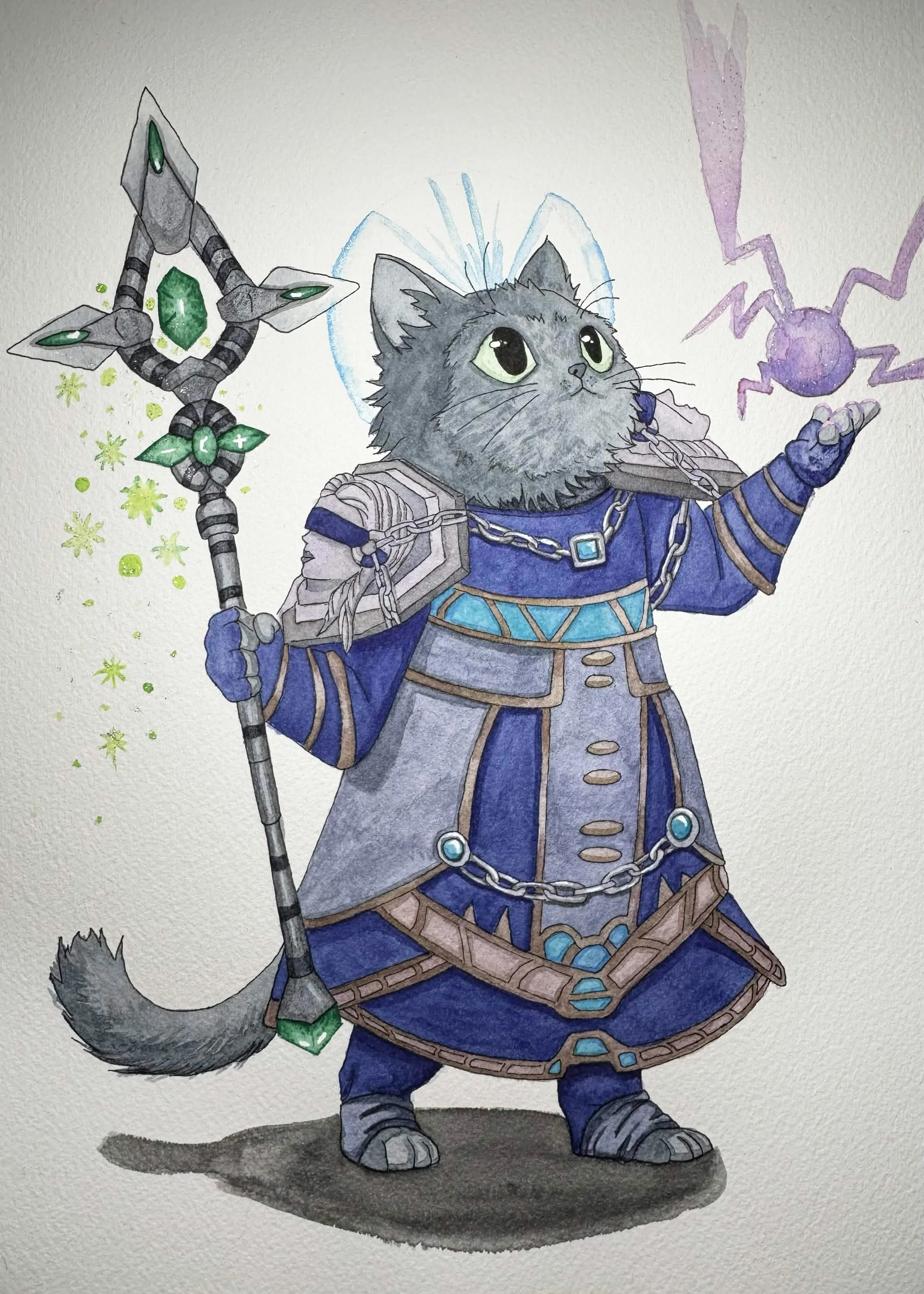  A russian blue kitty all spiffed up in some World of Warcraft shadow priest gear, complete with the magical staff anathema. 