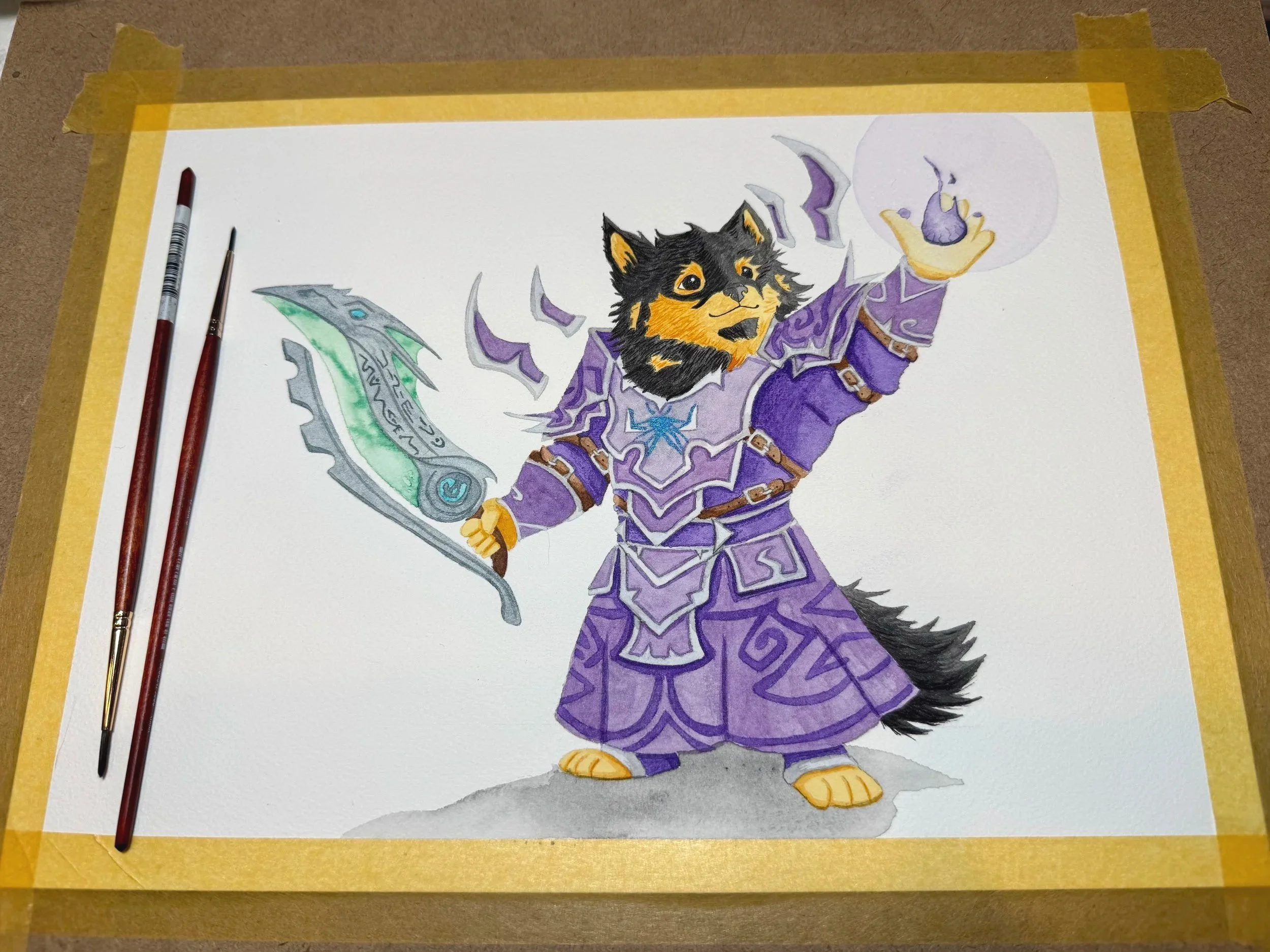  My dear friend’s Finnish lapphund (who inspired us to adopt our own), complete in World of Warcraft warlock tier with a fancy magical sword. 