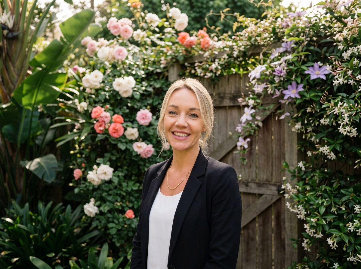 A smiling woman with blonde hair wearing a black blazer and white top standing in a garden with blooming pink, white, and purple flowers.