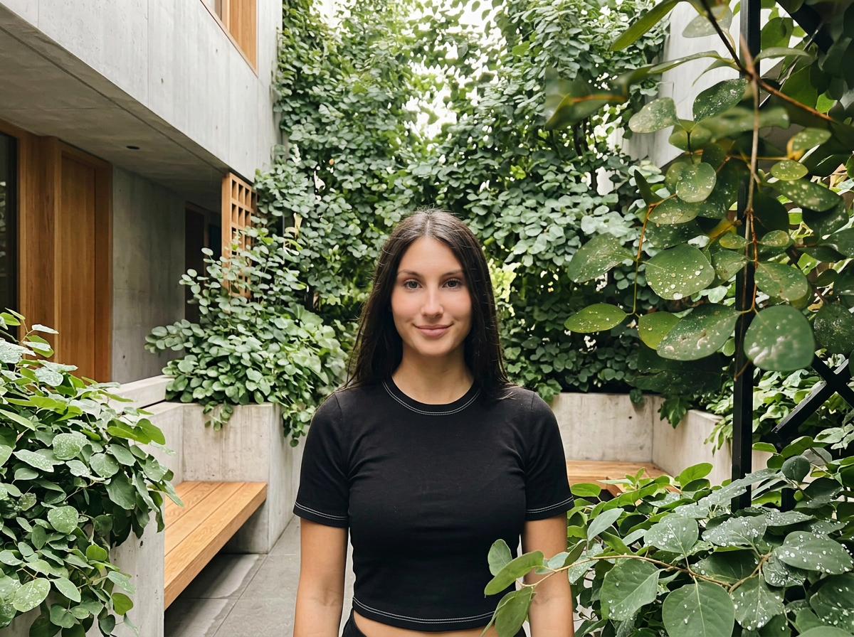 A young woman with long dark hair, wearing a black t-shirt, stands in an outdoor garden area with lush green plants and a modern building in the background.