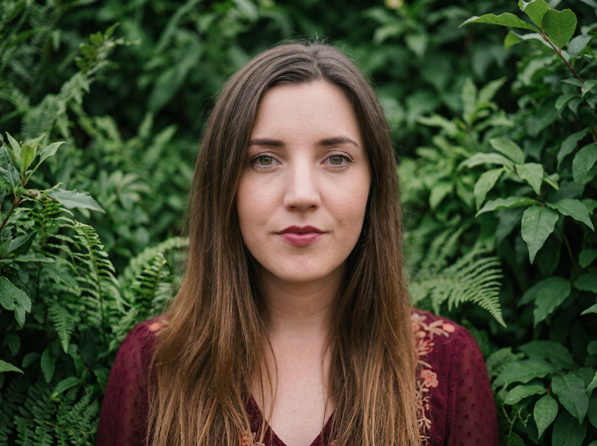 A woman with long brown hair and green eyes standing in front of green foliage, wearing a burgundy top with floral embroidery.
