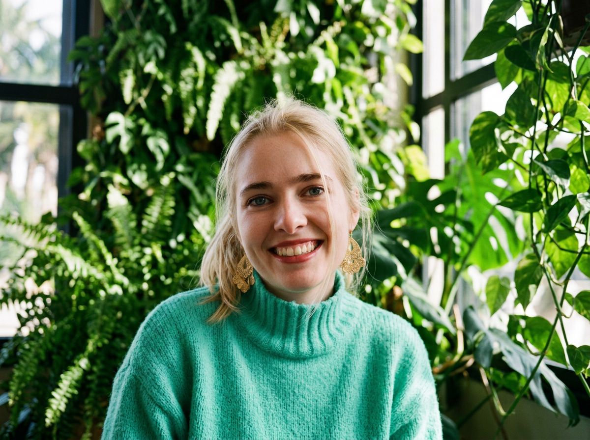 A smiling woman with blonde hair and earrings, wearing a green sweater, sitting among lush green plants indoors near a window.