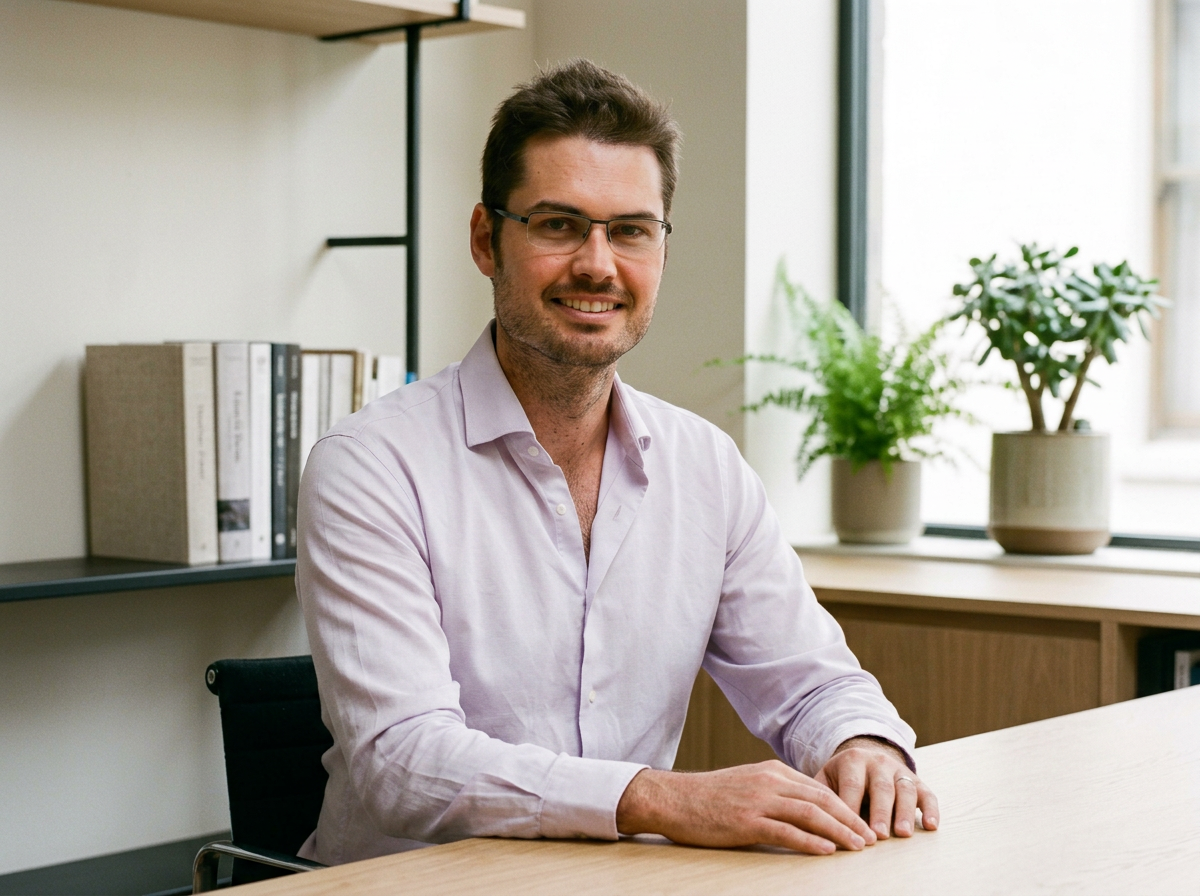 A man wearing glasses and a light purple button-up shirt sits at a desk, smiling at the camera in a modern office with potted plants and bookshelves in the background.